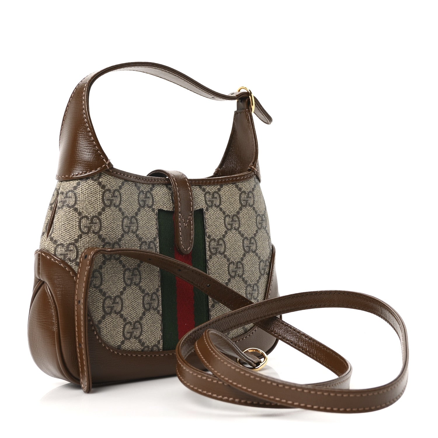 GG Supreme Monogram Azalea Calfskin Web Mini Jackie 1961 Hobo Beige Ebony Brown Sugar