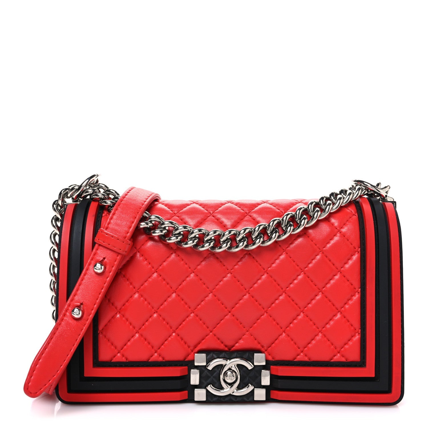 Lambskin Rubber Quilted Medium Two Tone Boy Flap Red Black