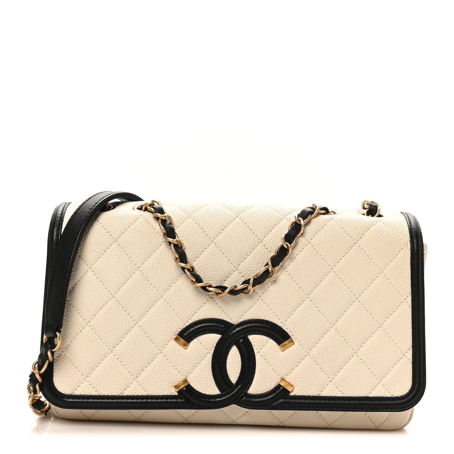 Caviar Quilted Medium CC Filigree Flap Light Beige Black