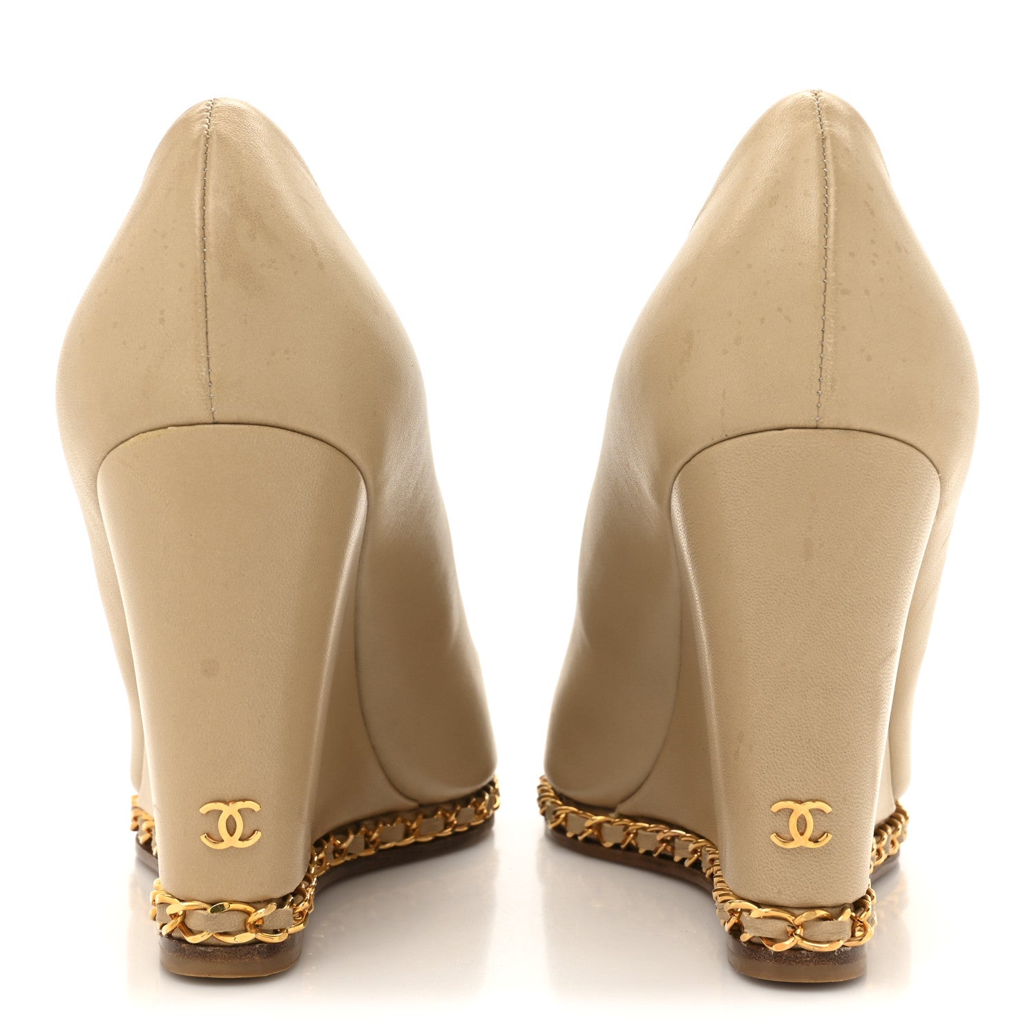Calfskin Chain Peep Toe Wedge Pumps 39 Beige