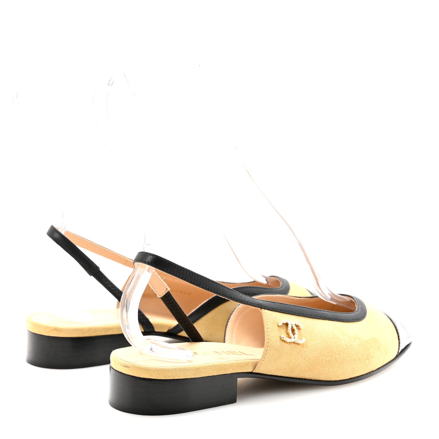 Suede Kidskin Lambskin Patent Calfskin Crystal CC Cap Toe Slingback Flats 37.5 Beige Black