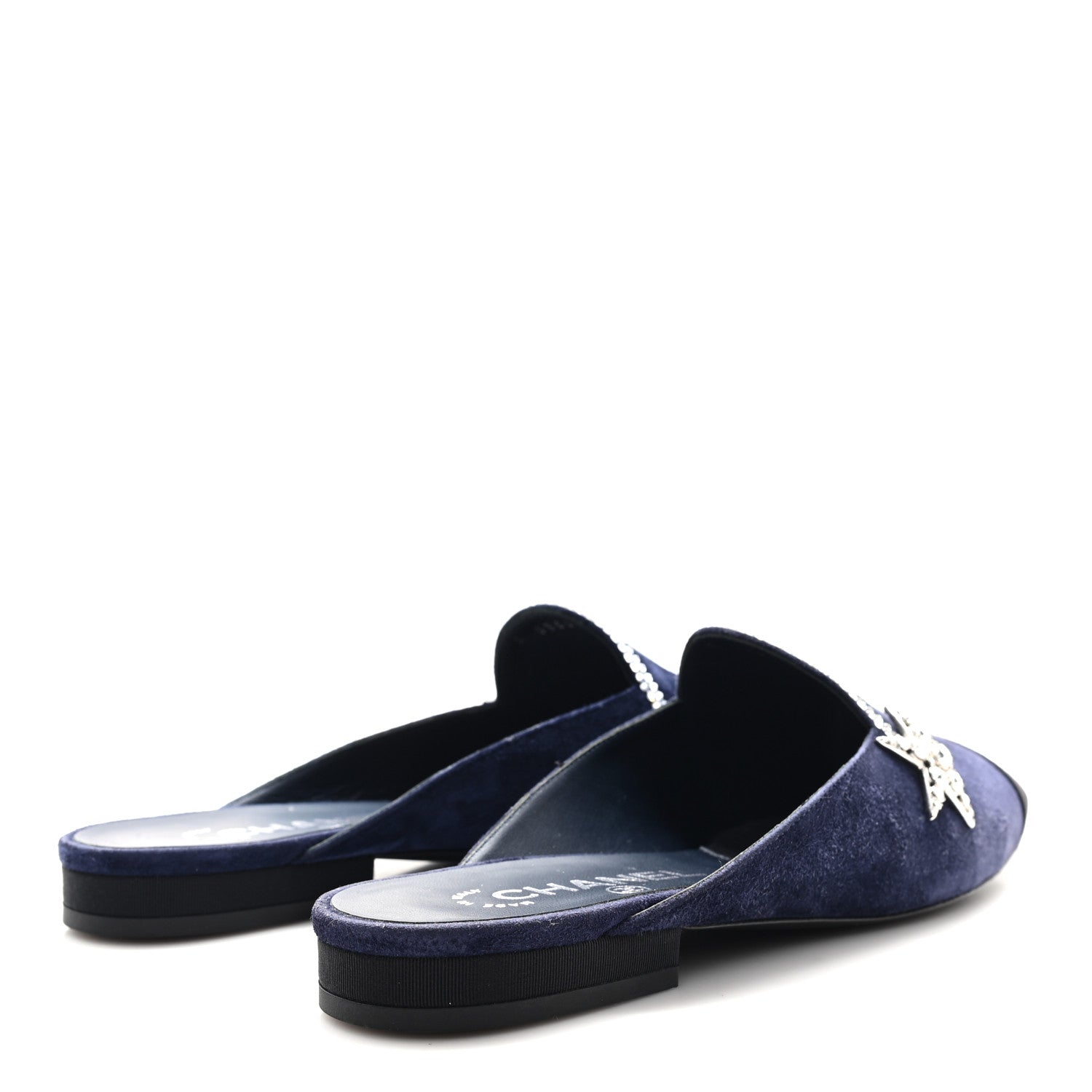 Suede Calfskin Grosgrain Crystal CC Star Mules  37.5 Blue Black