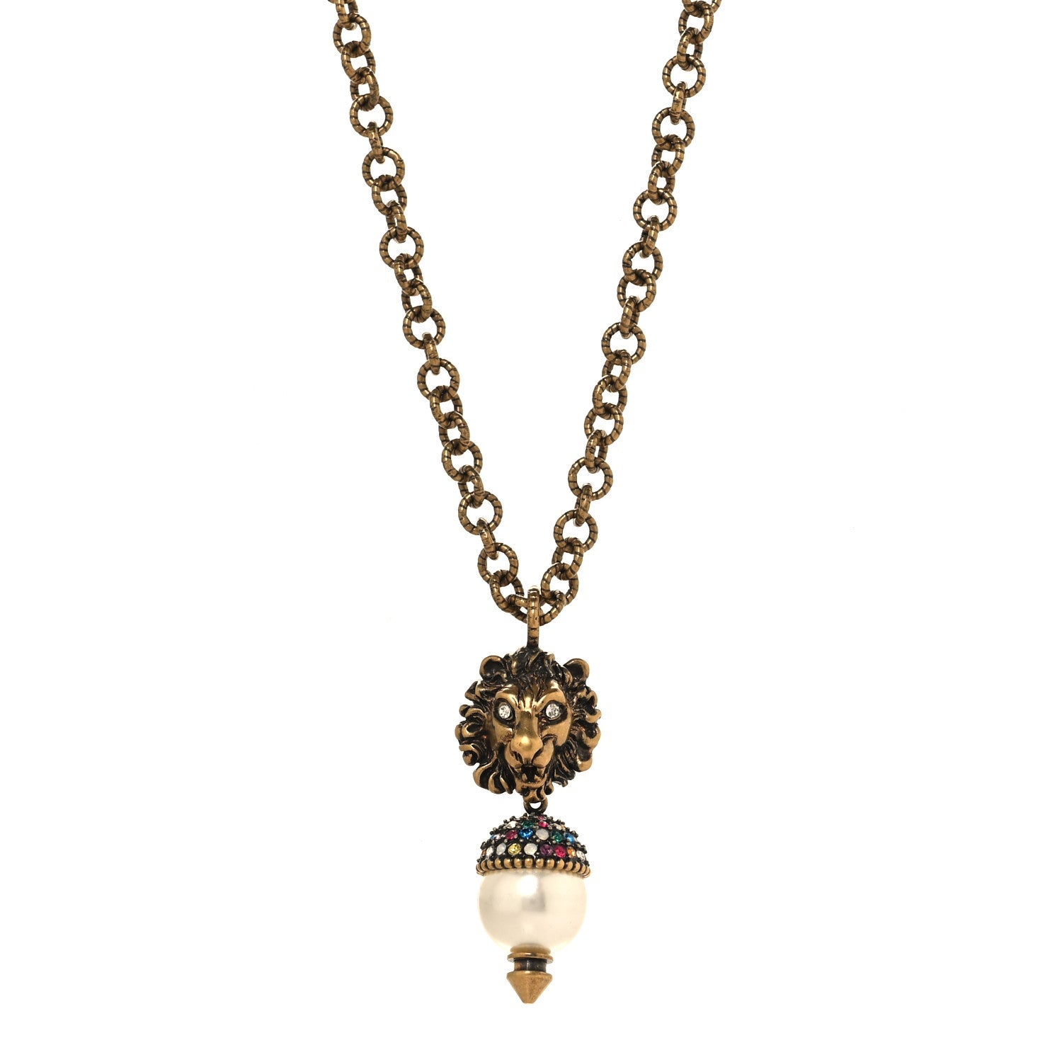 Metal Crystal Pearl Lion Head Necklace Aged Gold