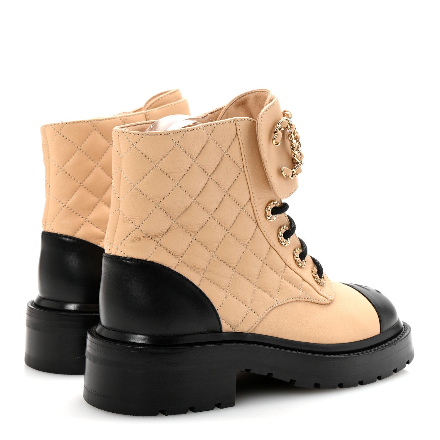Lambskin Calfskin Quilted Lace Up Combat Boots 35.5 Beige Black