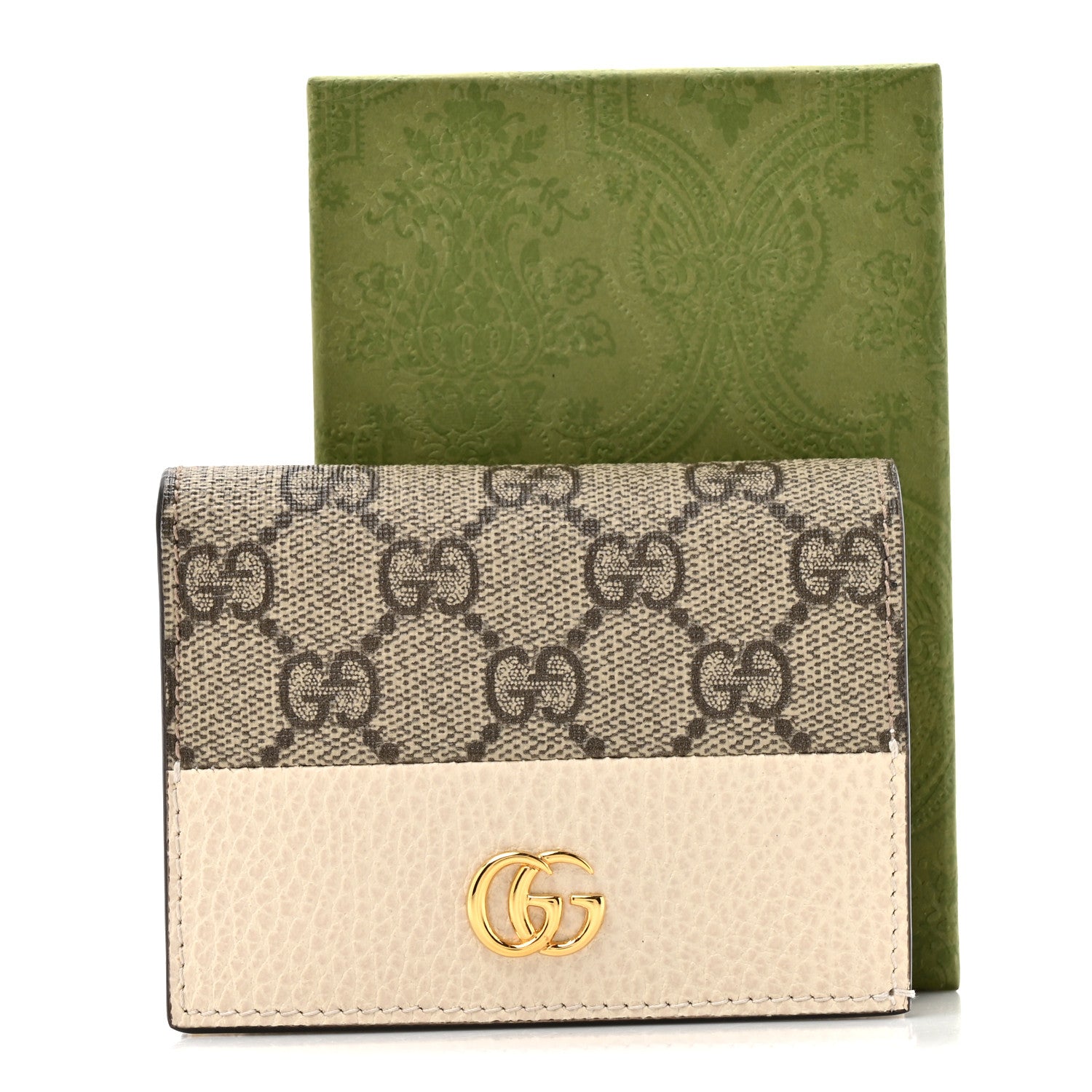 Dollar Calfskin GG Supreme Monogram GG Marmont Card Case Mystic White Beige Ebony