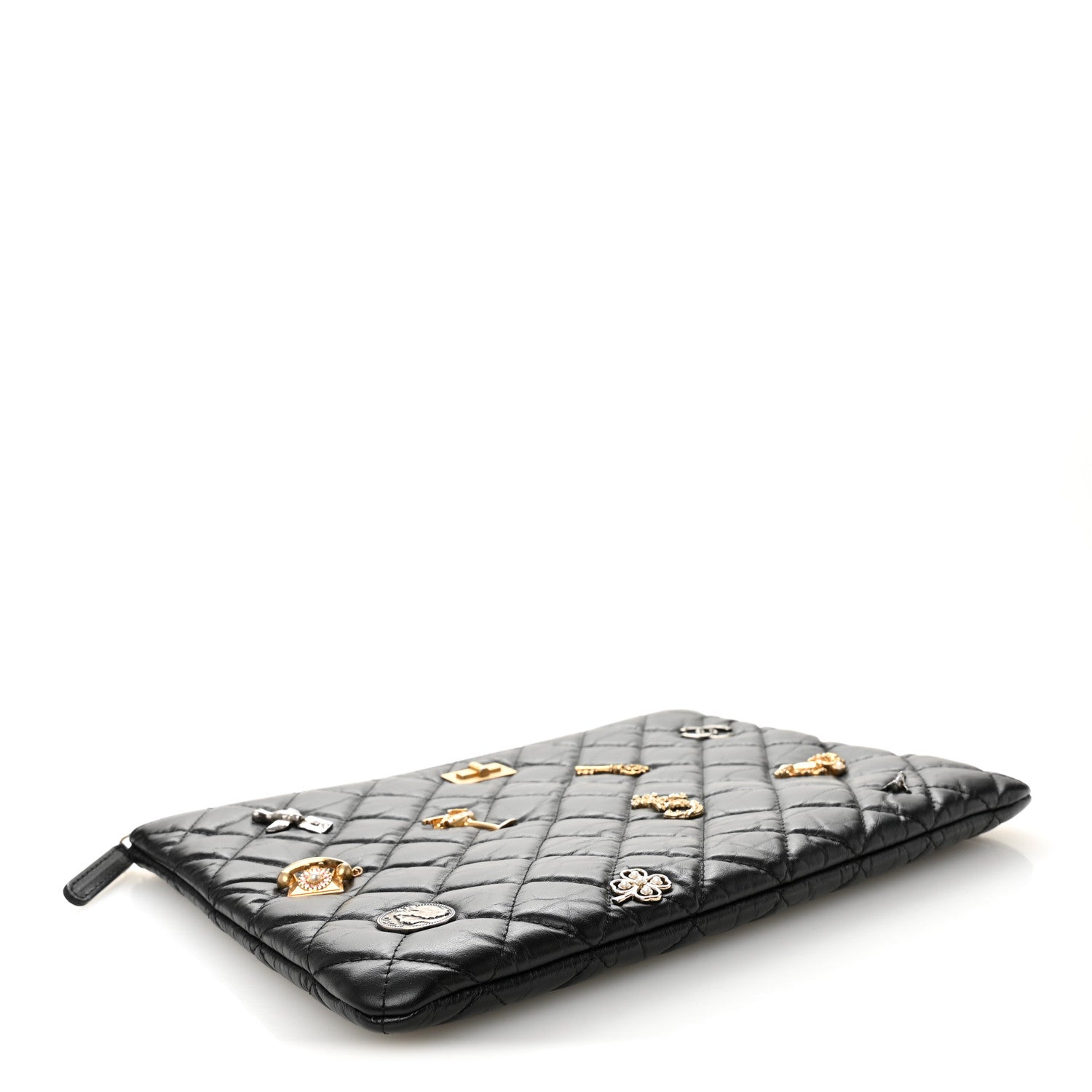 Aged Calfskin Quilted Medium Lucky Charms Cosmetic Case Black