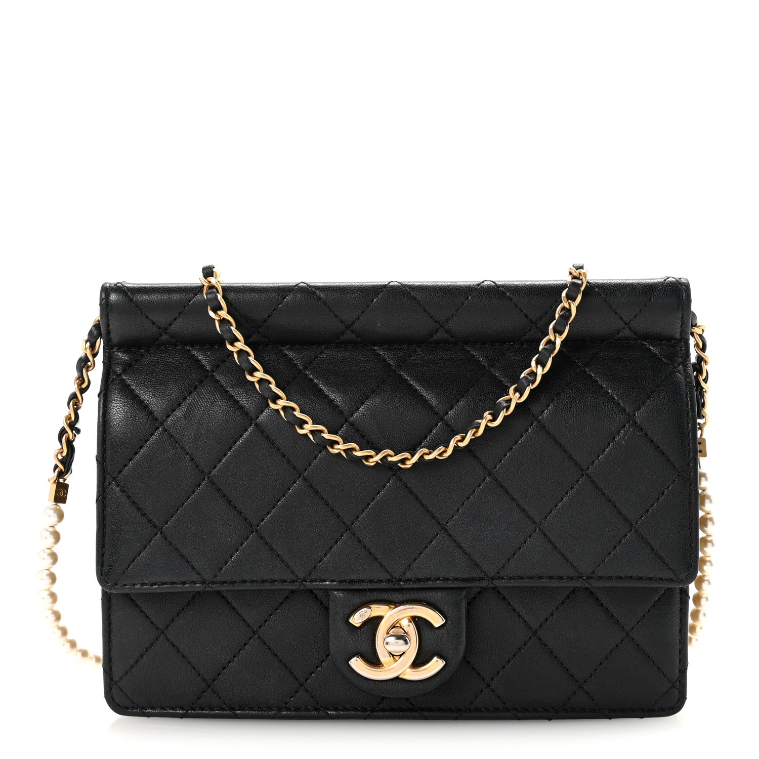 Goatskin Quilted Pearl Chain Flap Bag Black
