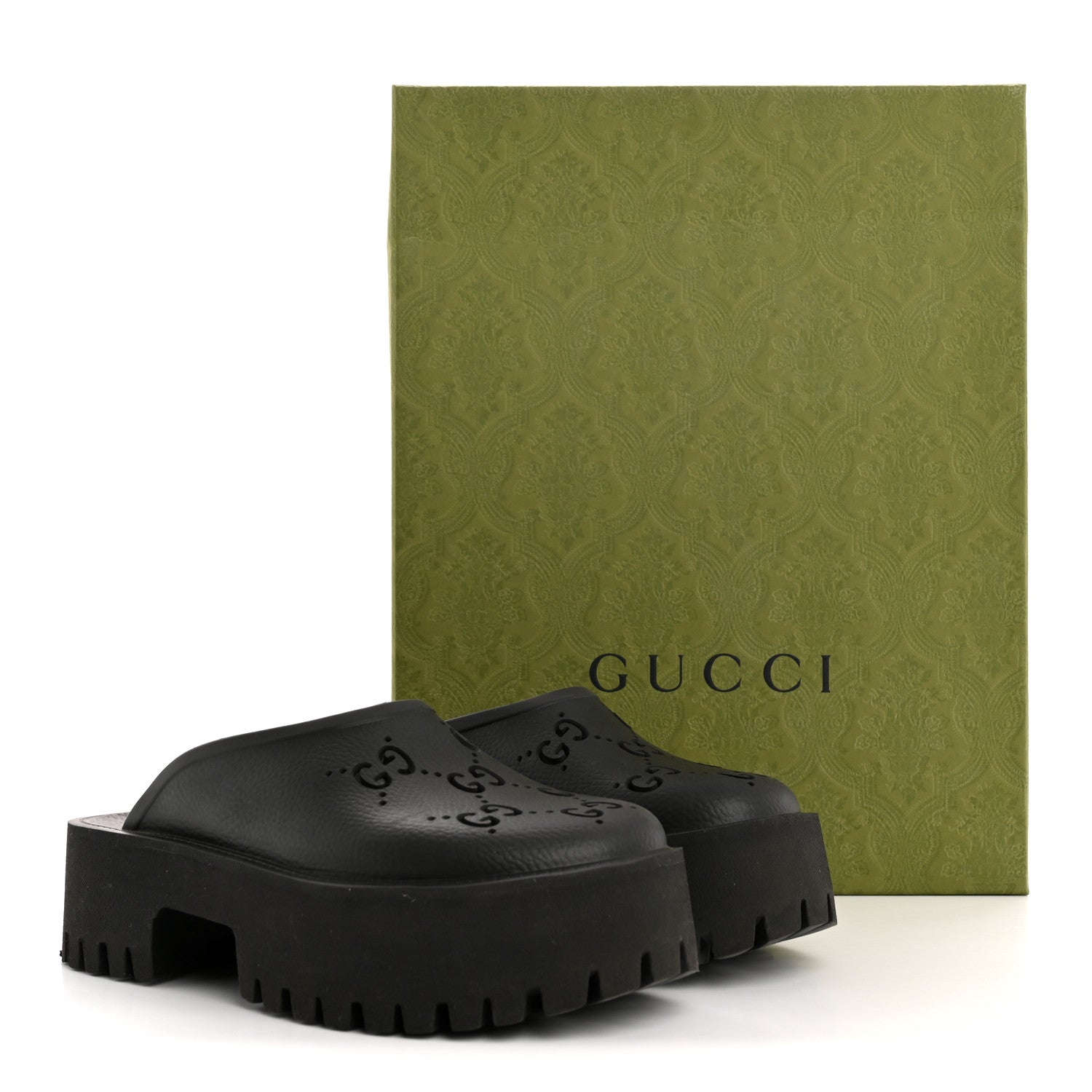 Rubber GG Monogram Perforated Elea Platform 55mm Lug Sole Sandals 36 Black