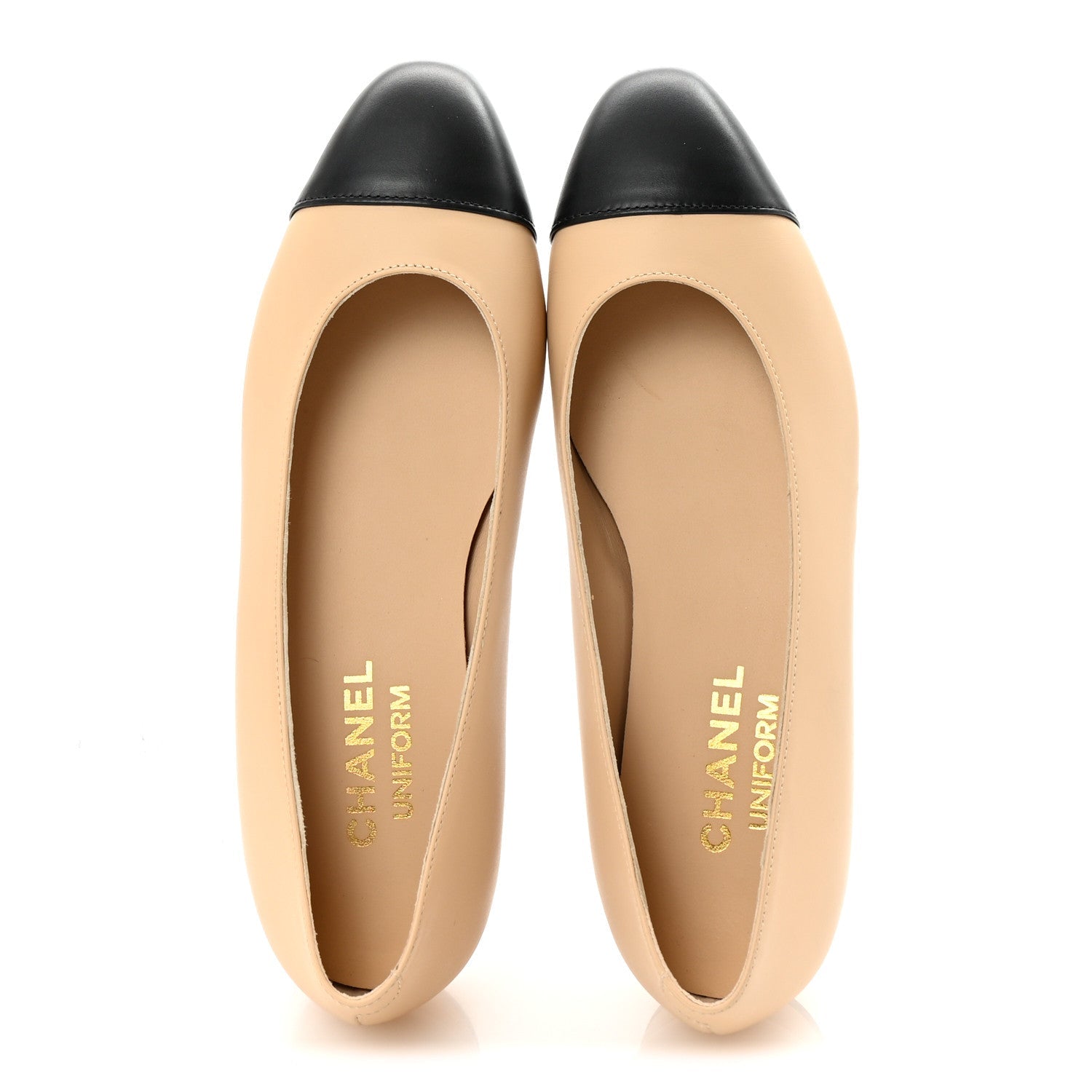 Lambskin Cap Toe CC Uniform Ballerina Flats 35 Beige Black