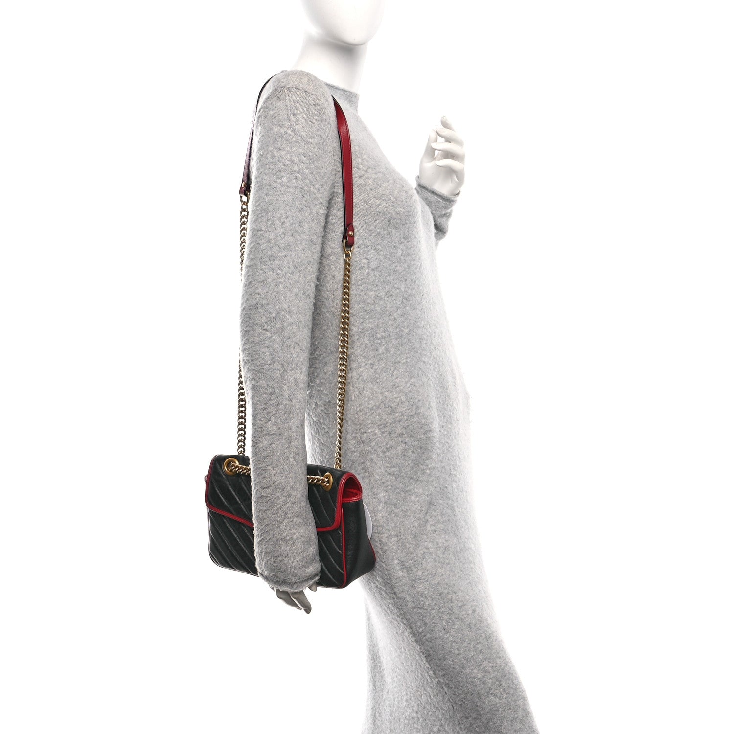 Vintage Effect Calfskin Matelasse Diagonal Small Torchon GG Marmont Shoulder Bag Black Romantic Cherry