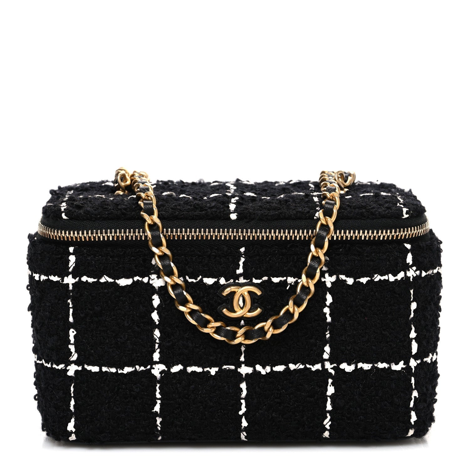 Tweed Pearl Crush Small Vanity Case With Chain  Black White