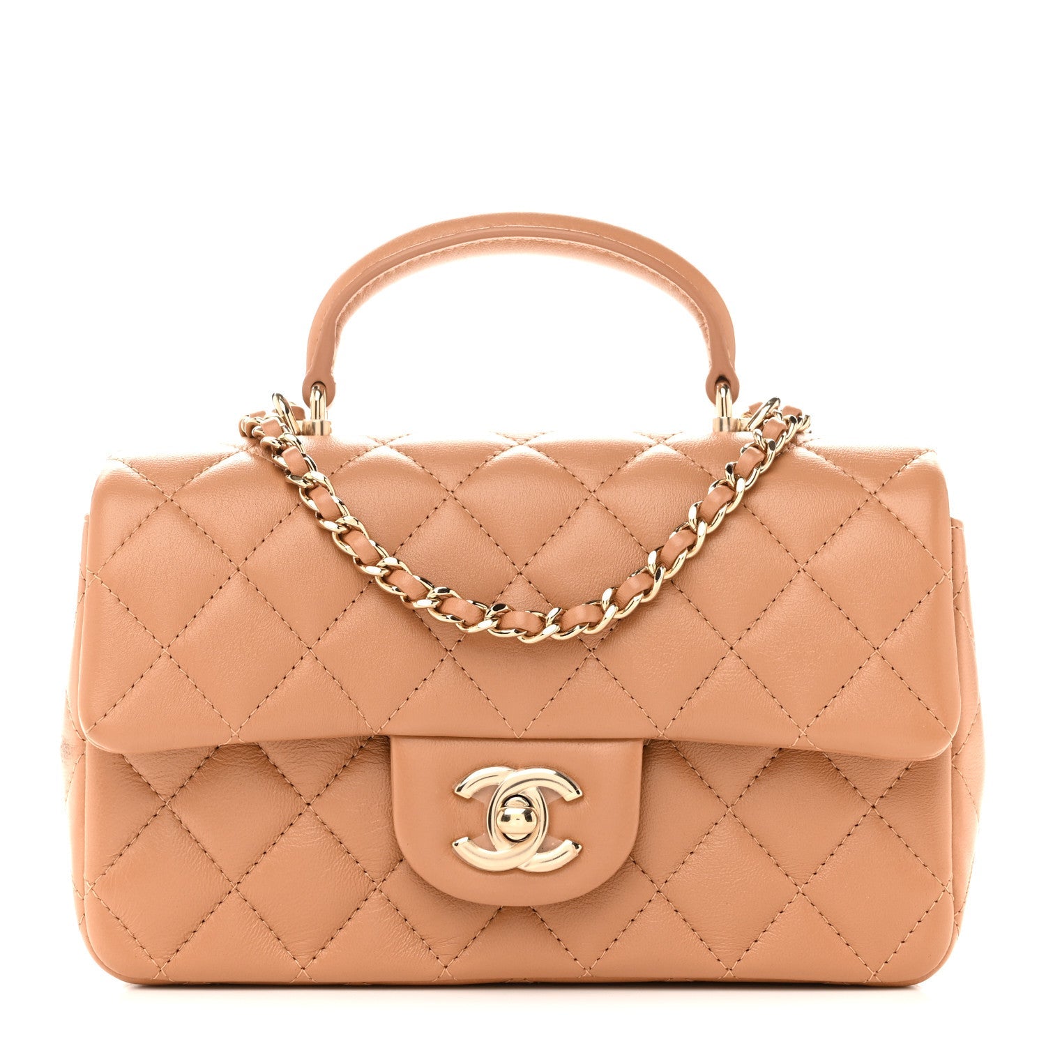 Lambskin Quilted Mini Top Handle Rectangular Flap Dark Beige