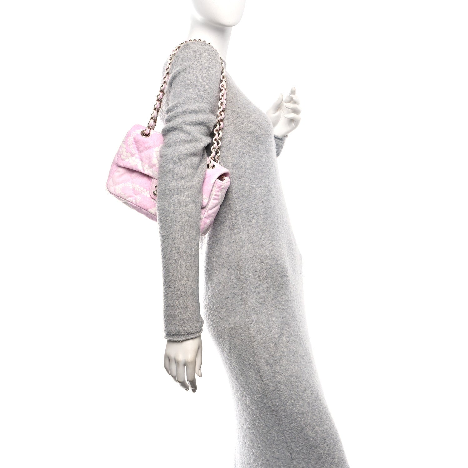 Printed Denim Quilted Flap Bag Pink White