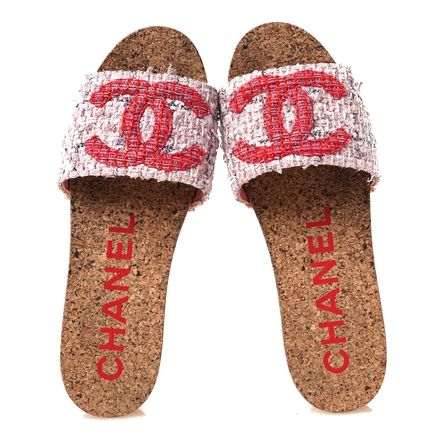 Tweed Lambskin Cork CC Mule Sandals 36 Pink Red