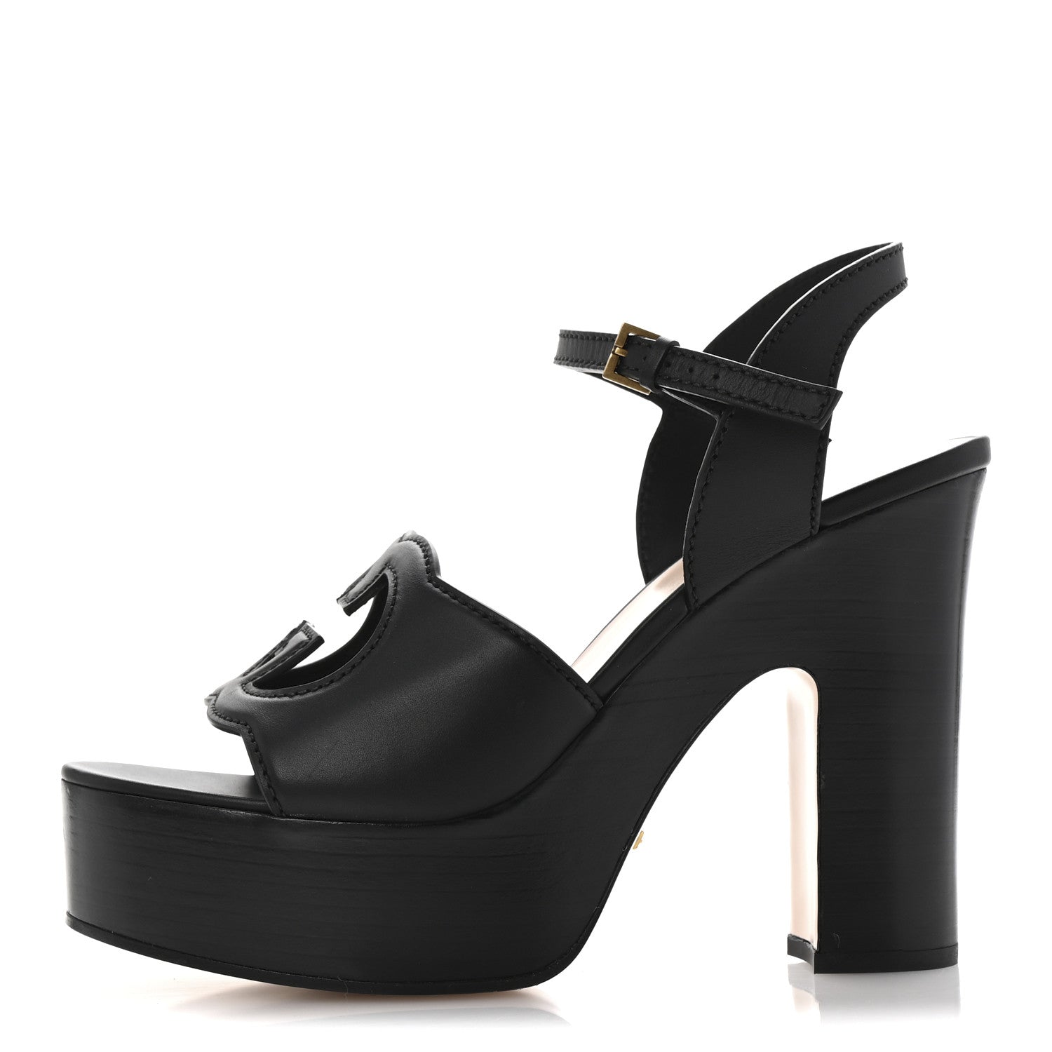 Cosmos Softy Calfskin Wooden Interlocking G Cut-Out 30/120mm Platform Sandals 40.5 Black
