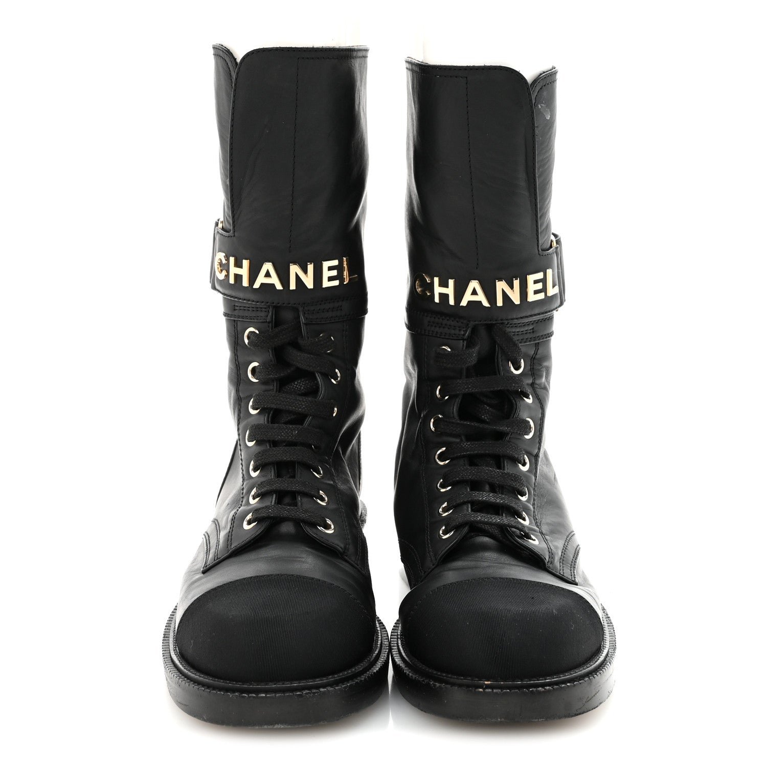 Shiny Calfskin Lace Up Combat Boots 37 Black