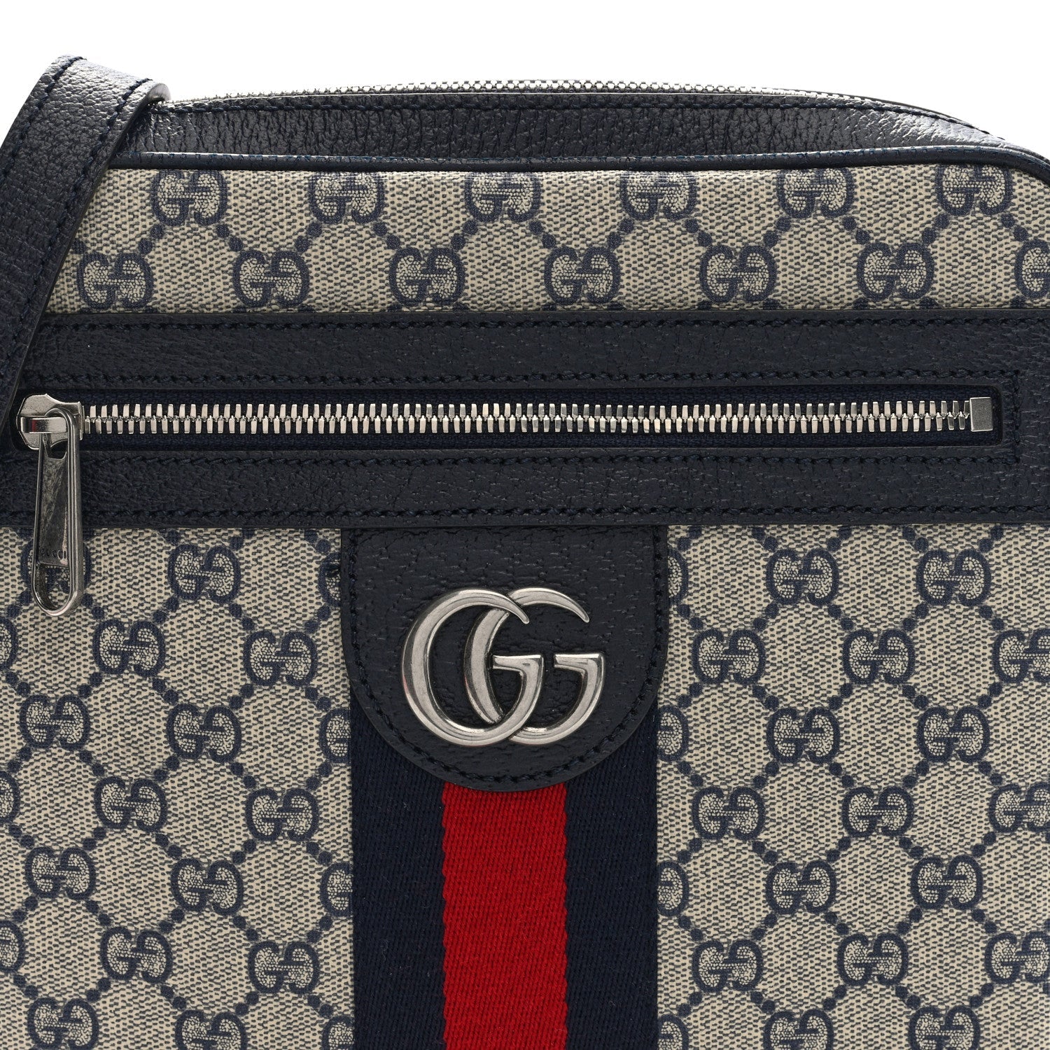 GG Supreme Monogram Textured Dollar Calfskin Web Small Ophidia Messenger Bag Beige Blue