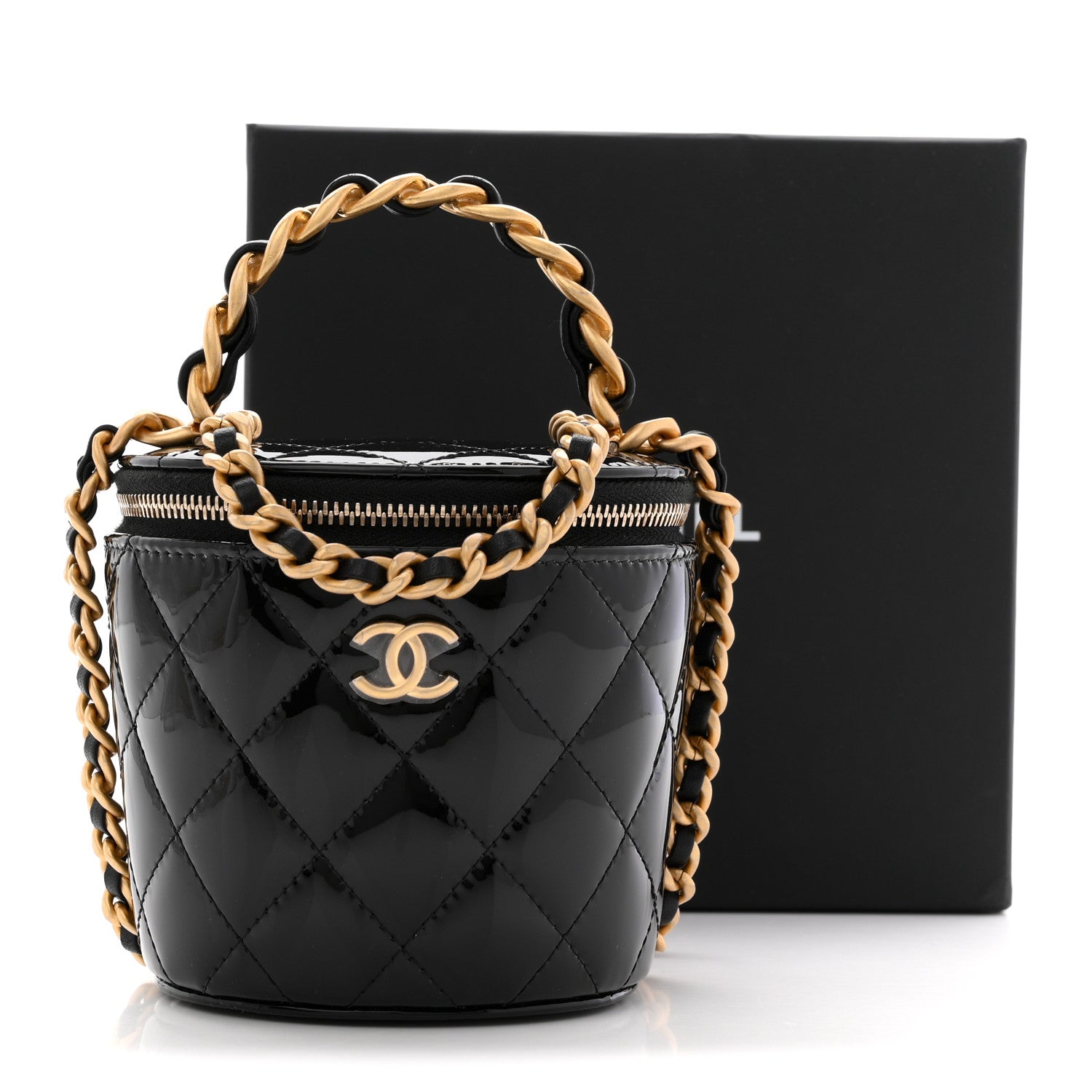 Patent Quilted Afternoon Tea Top Handle Vanity Case With Chain Black