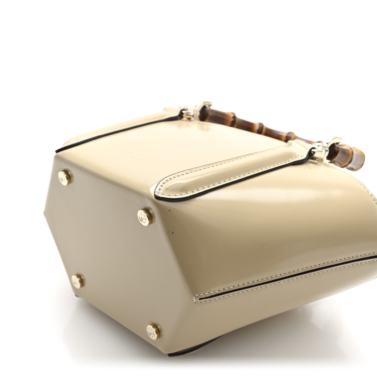 Shiny Calfskin Mini Bamboo Top Handle Tote Bag Beige