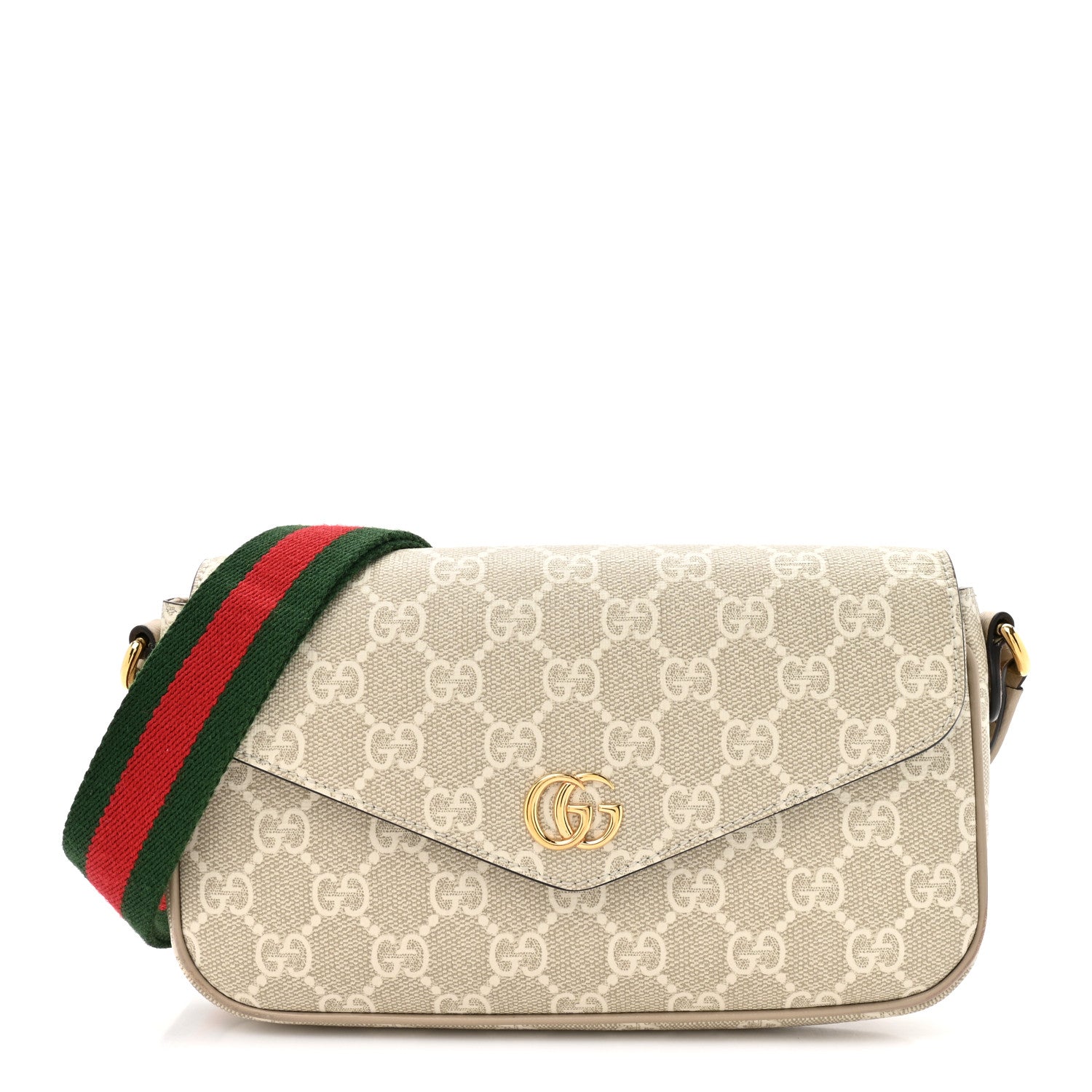 GG Supreme Monogram Textured Dollar Calfskin Web Mini Ophidia Envelope Shoulder Bag Beige Mystic White Oatmeal