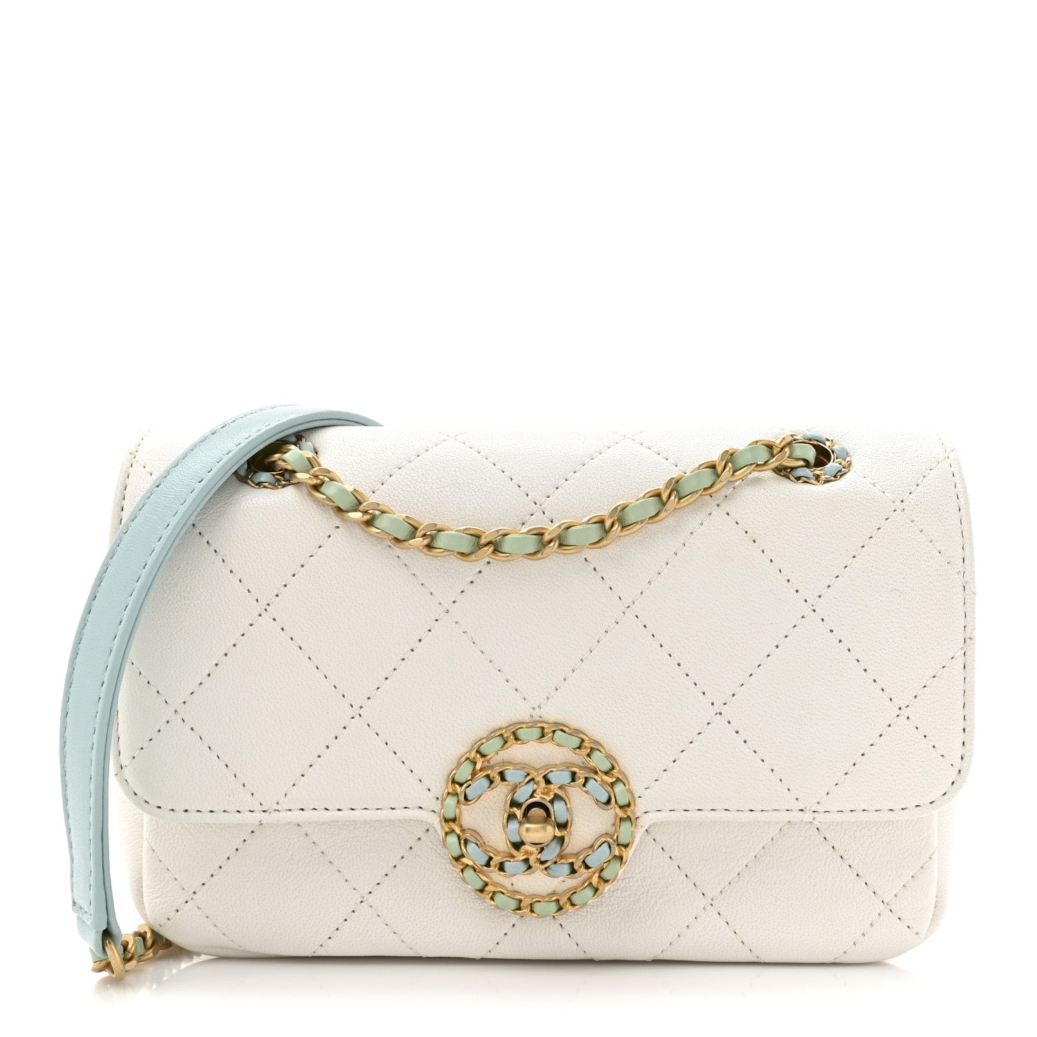 Lambskin Quilted All Around Flap White Green Multicolor