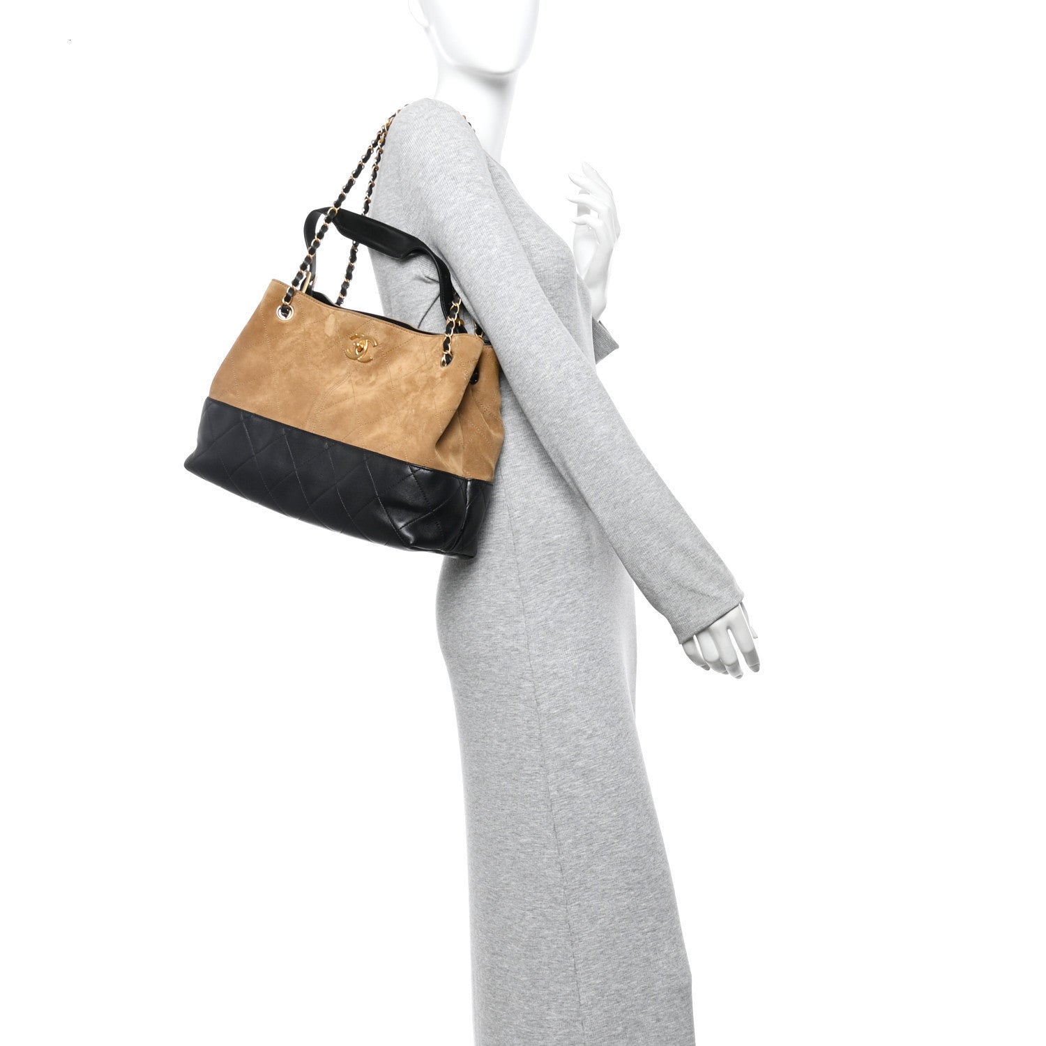 Suede Calfskin Shiny Lambskin Quilted Small Shopping Bag Beige Black