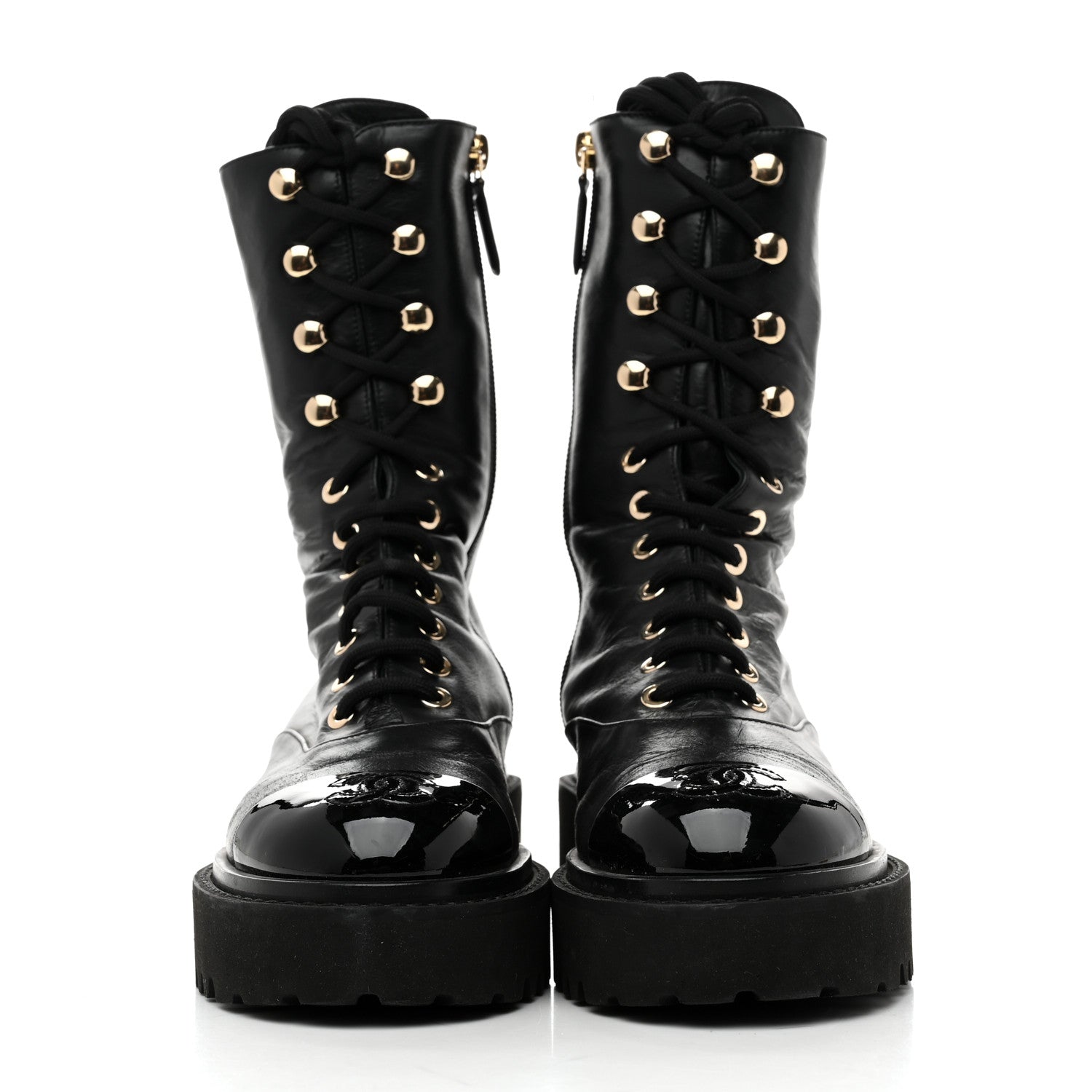 Crumpled Calfskin Patent Cap Toe Lace Up Combat Boots 35 Black