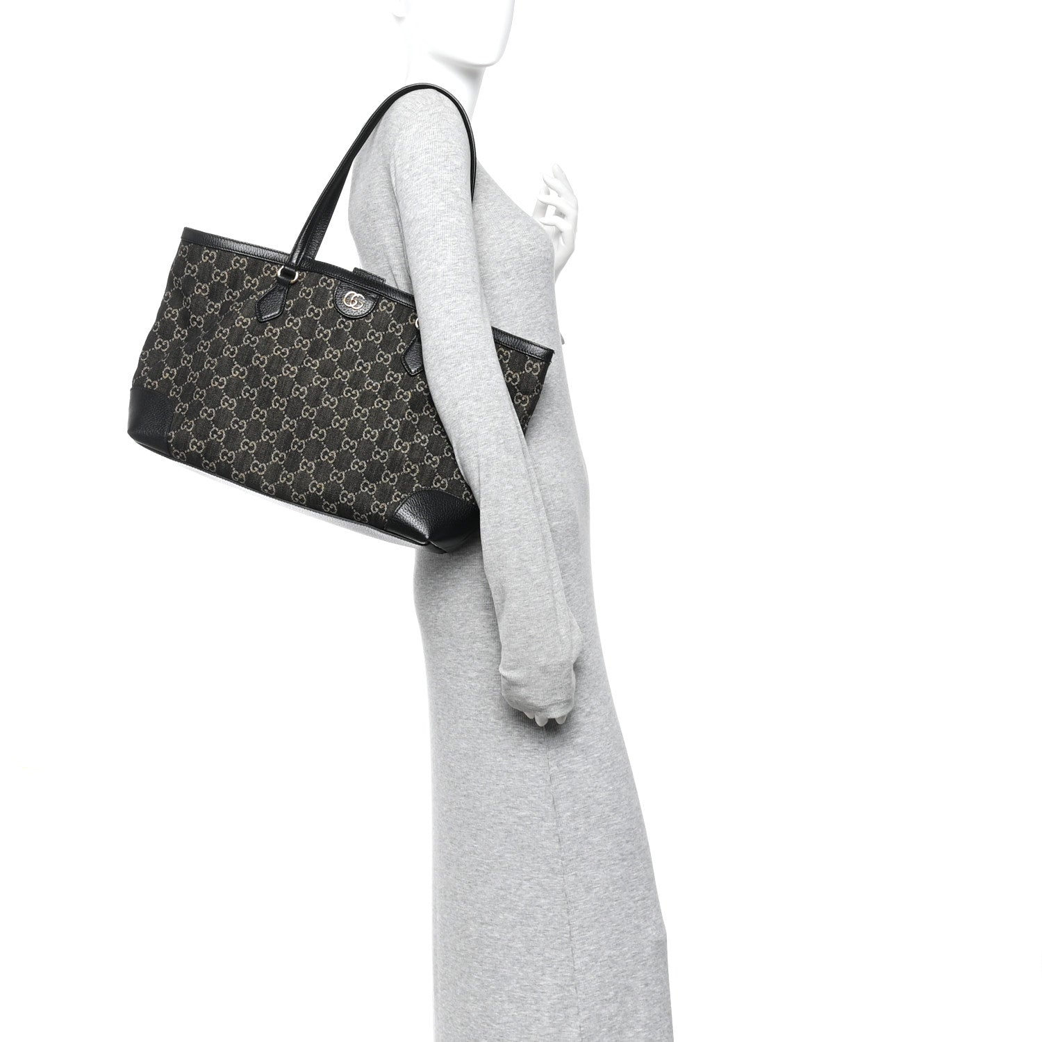 Jacquard Black Denim GG Monogram Medium Ophidia Shopping Tote Black Ivory
