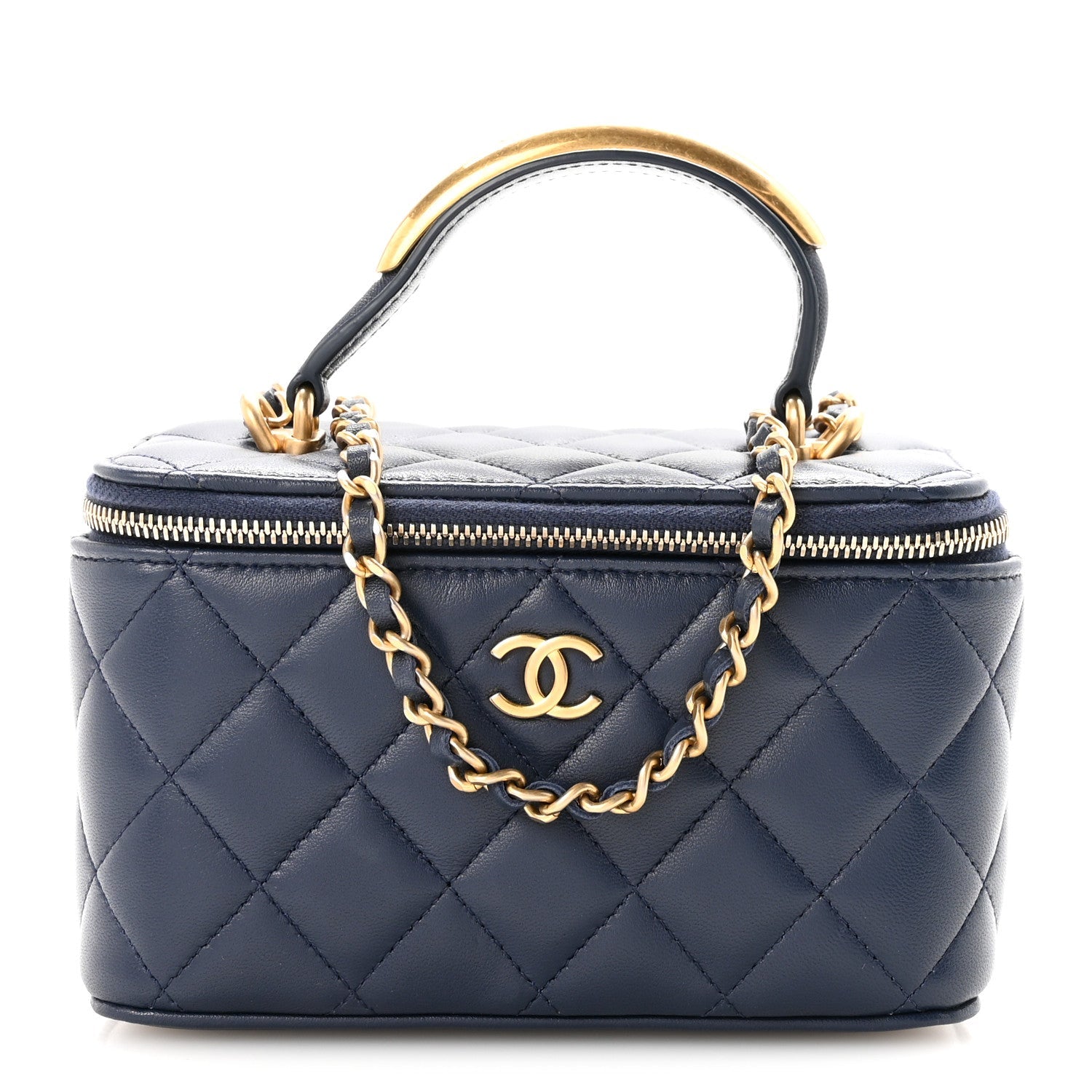 Lambskin Quilted Metal Small Top Handle Vanity Case With Chain Blue