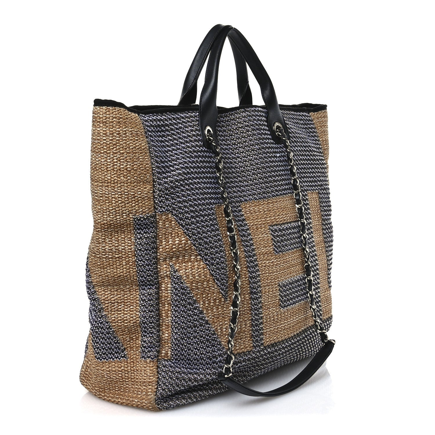 Woven Straw Raffia Logo Tote Blue Beige