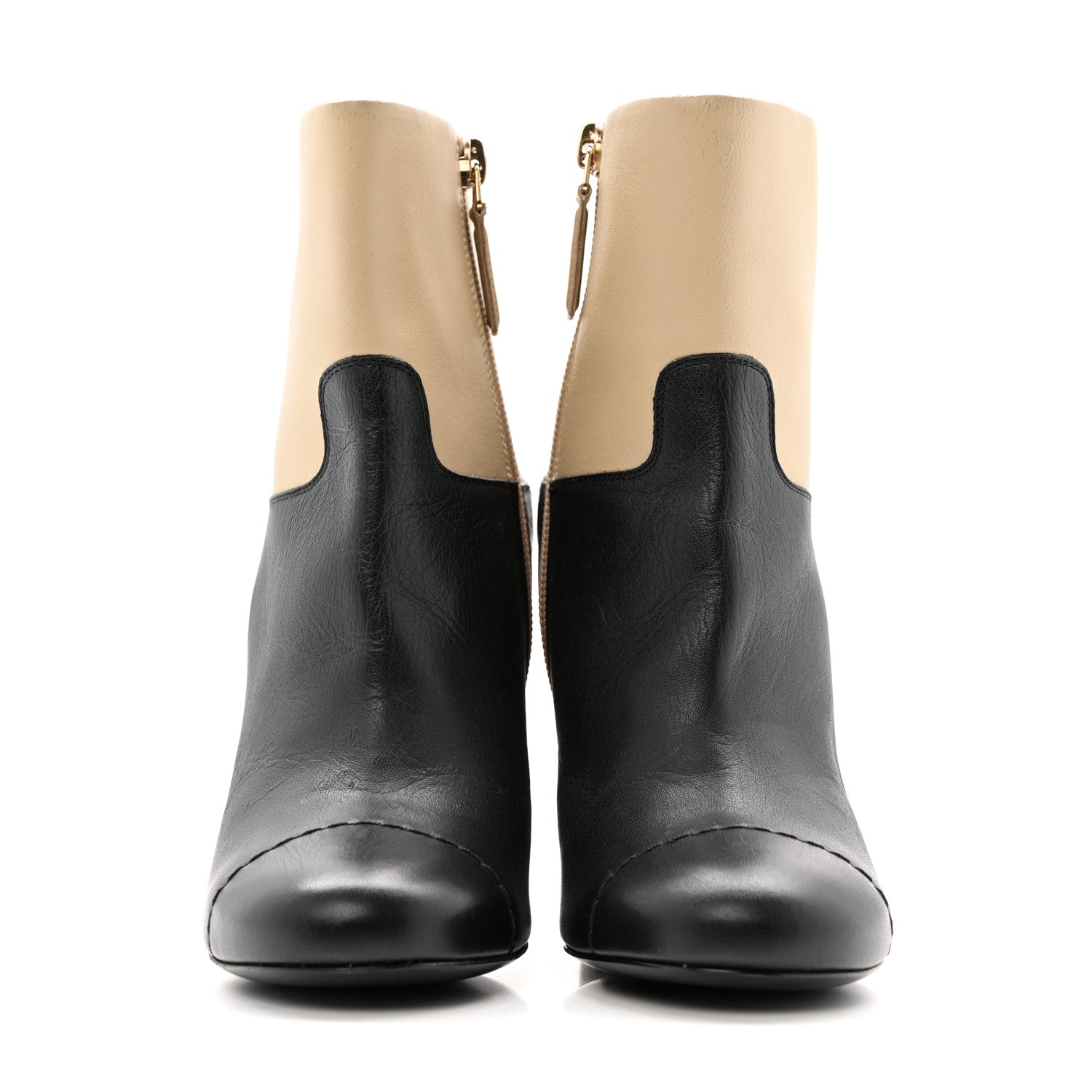 Tumbled Calfskin CC Short Boots 36 Beige Black