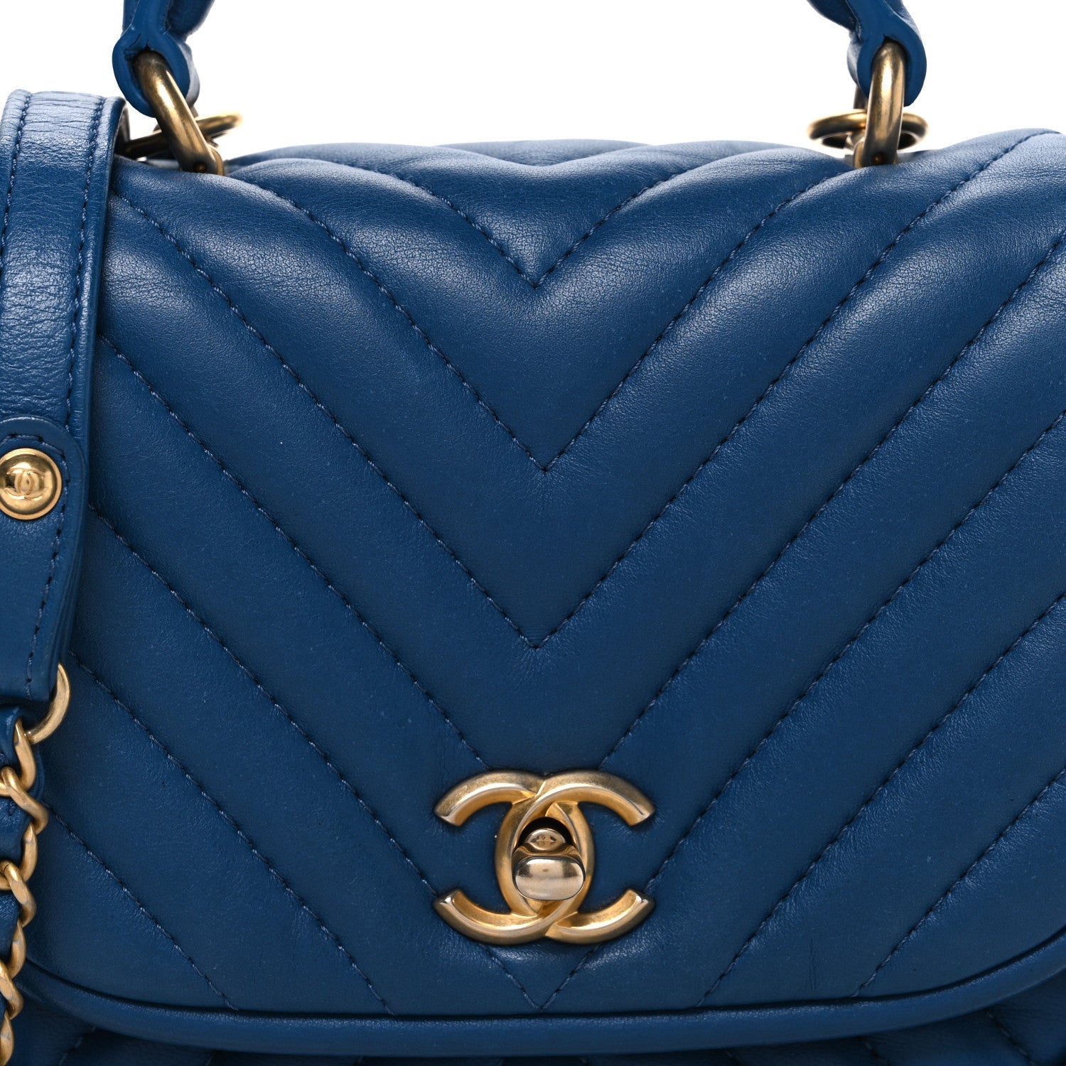 Lambskin Reverse Chevron Quilted Mini Round Top Handle Flap Blue