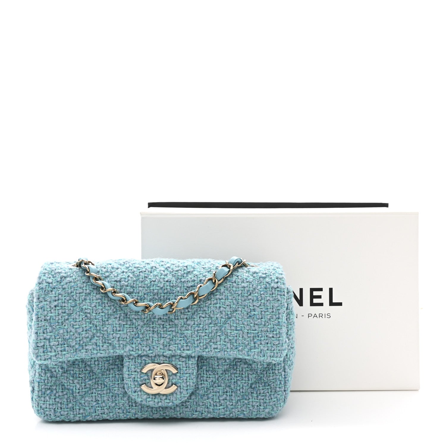 Wool Tweed Quilted Mini Rectangular Flap Turquoise Light Blue