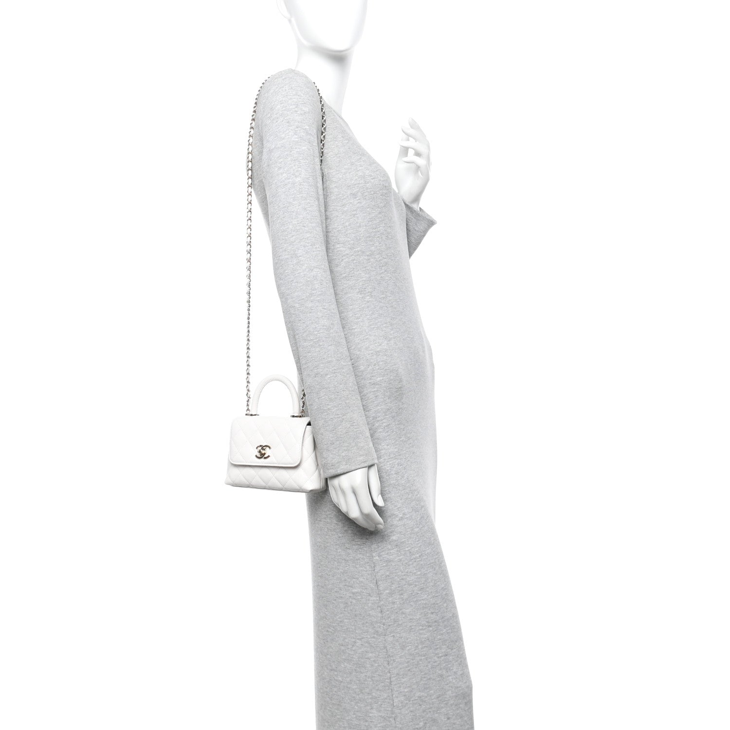 Caviar Quilted Coco Handle Clutch With Chain White