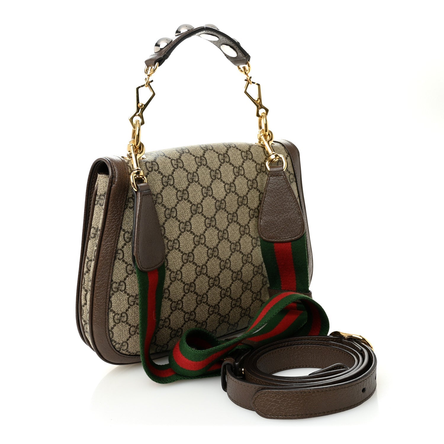 GG Supreme Monogram Textured Dollar Calfskin Web Medium Blondie Top Handle Shoulder Flap Bag Beige Ebony New Acero