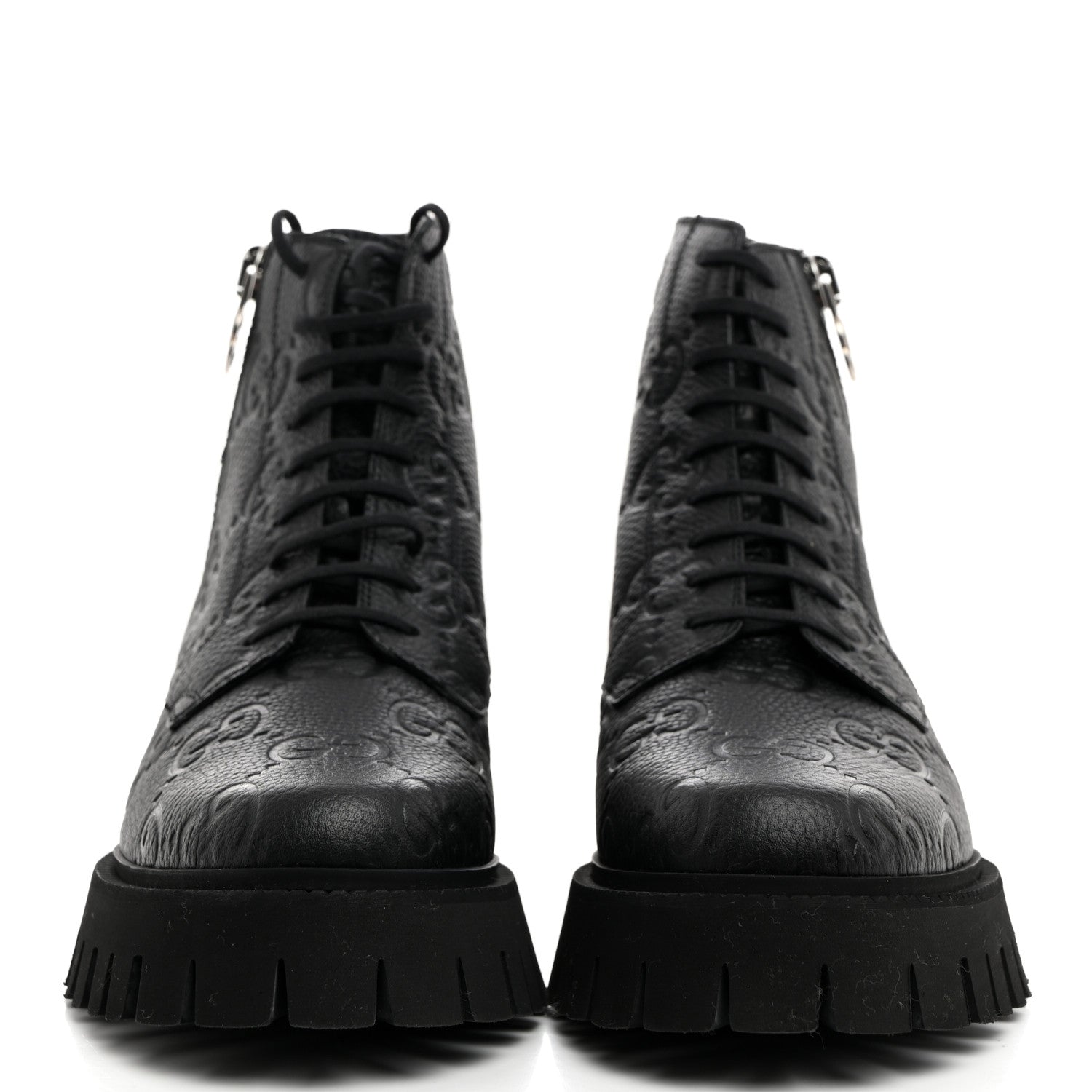 Calfskin Embossed Monogram Lace Up Ankle Boots 8 Black