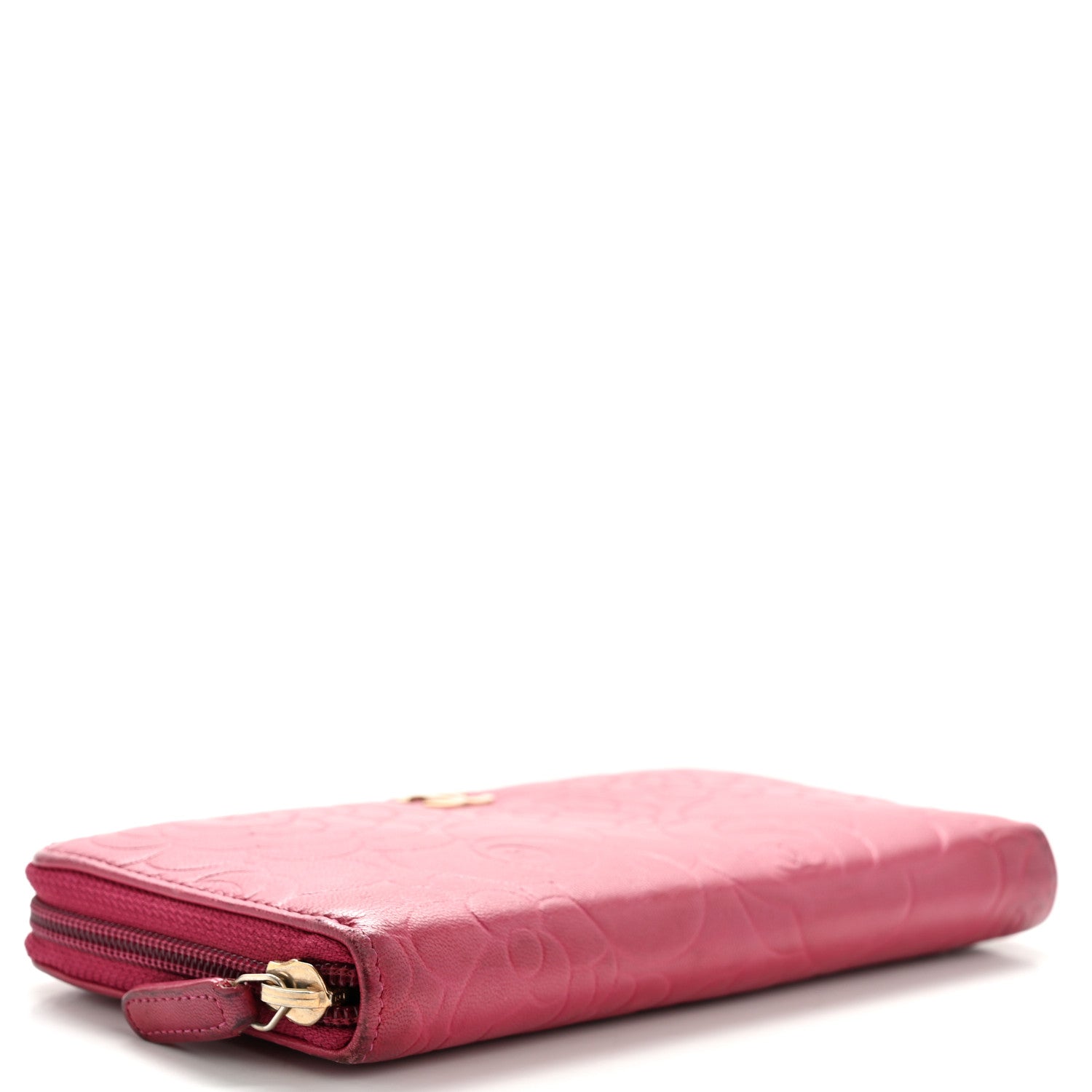 Lambskin Camellia Embossed Large Gusset Zip Around Wallet Fuchsia