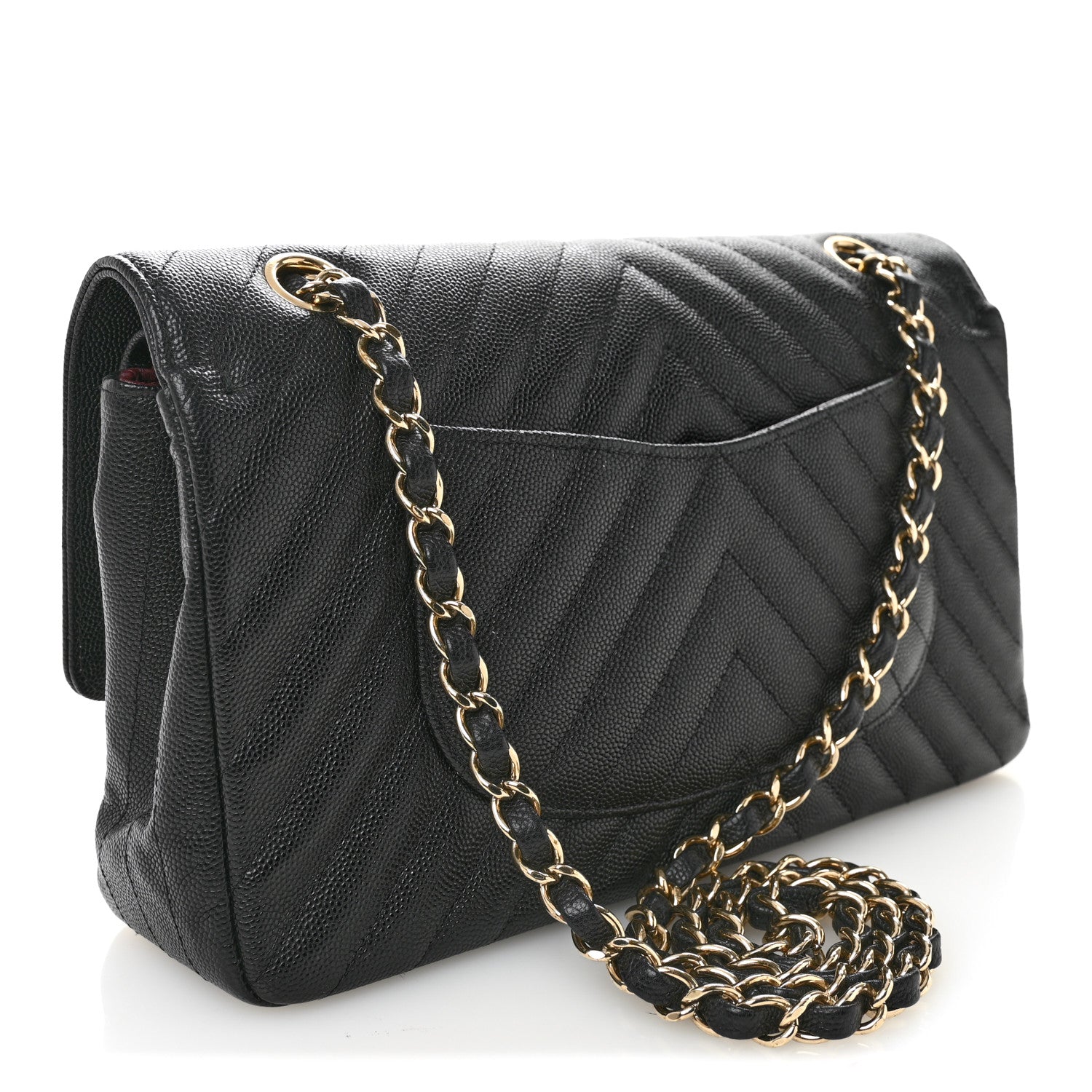 Caviar Chevron Quilted Medium Double Flap Black
