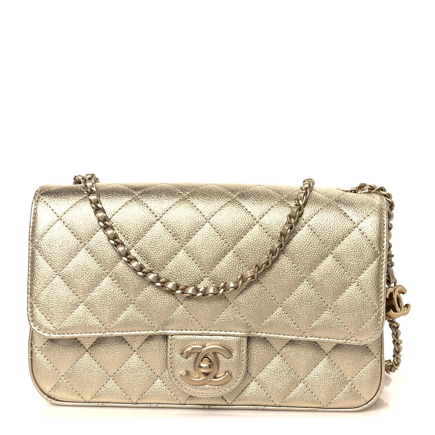 Metallic Caviar Quilted Medium CC Slide Flap Light Gold