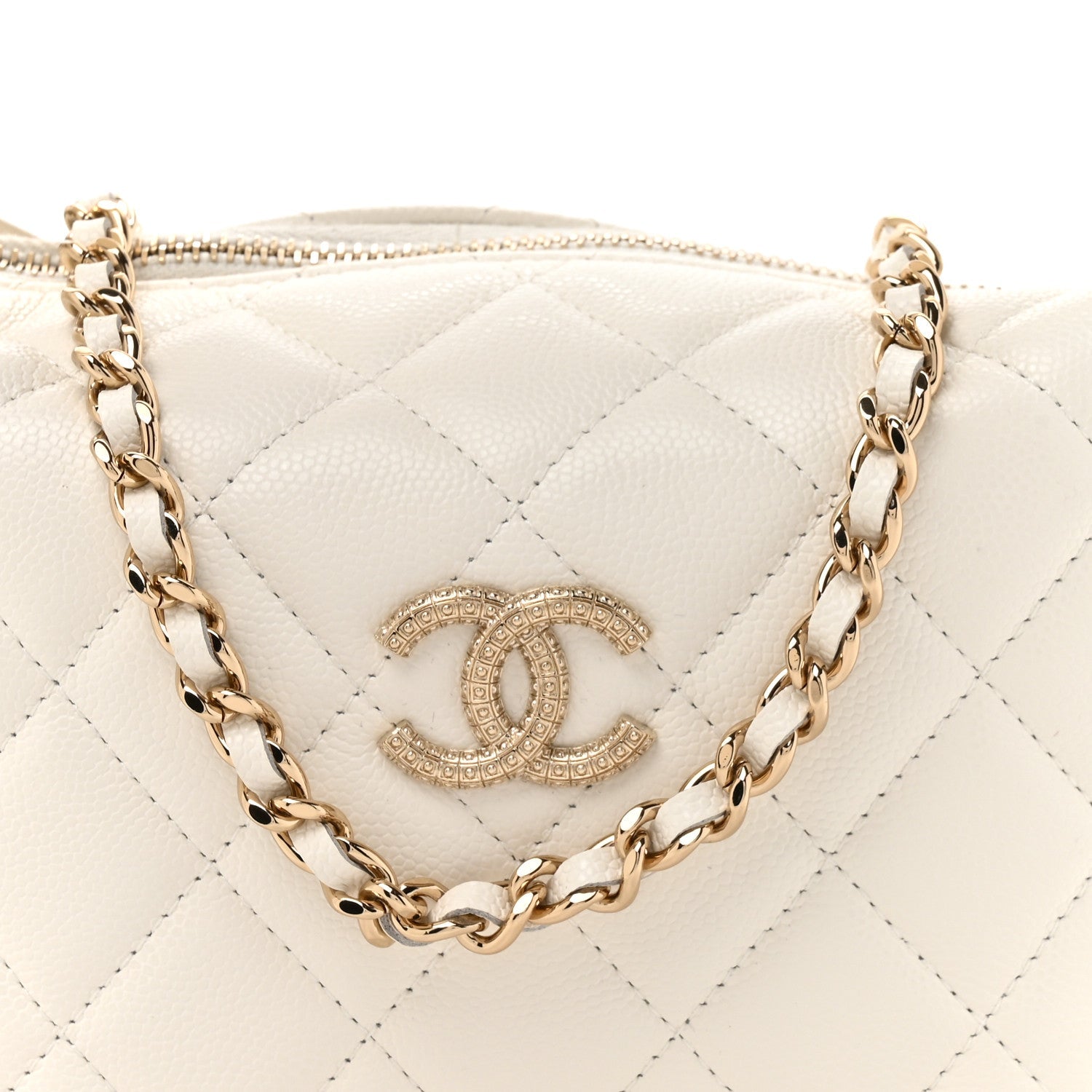 Caviar Quilted Hobo Clutch With Chain White