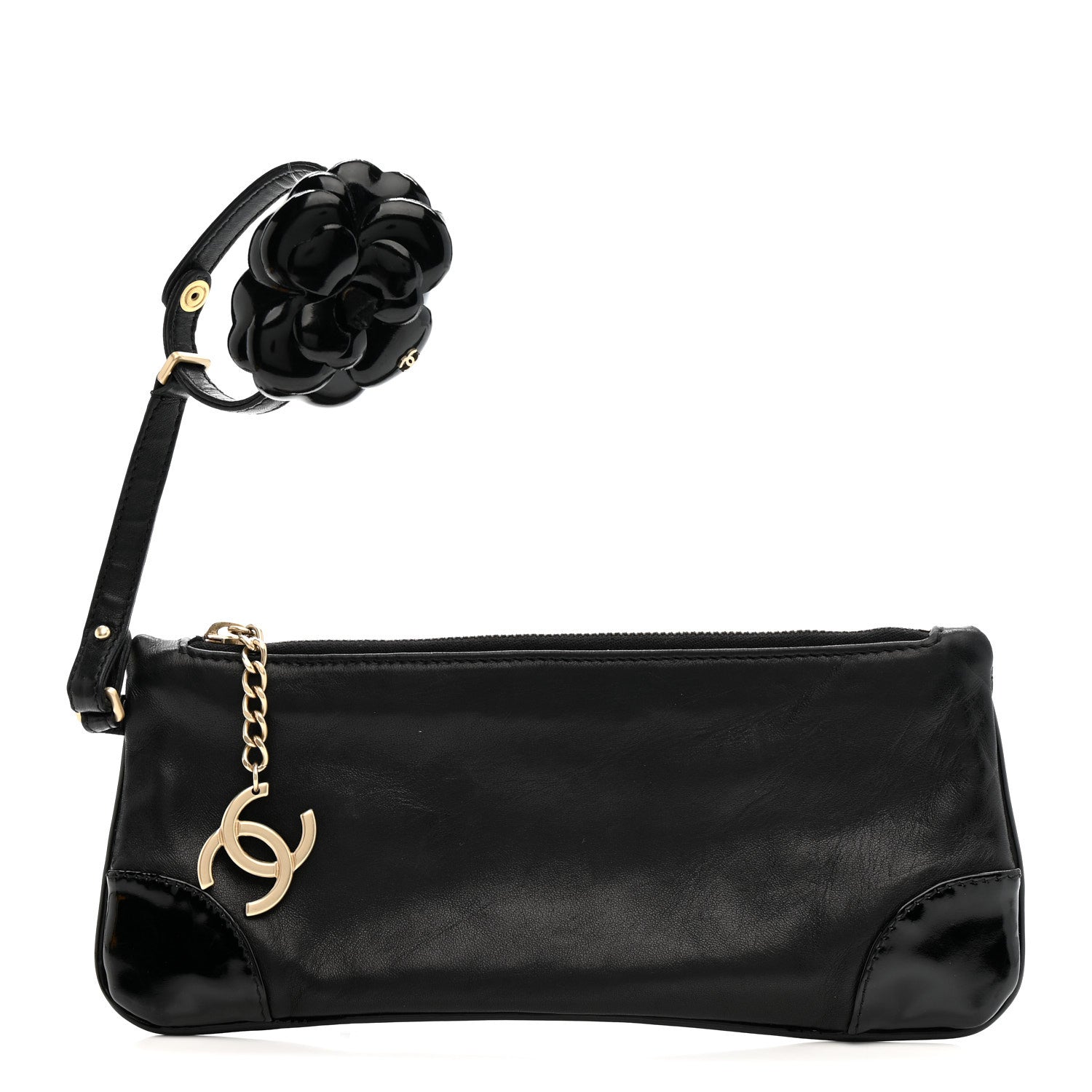 Lambskin Patent Camellia Wristlet Black