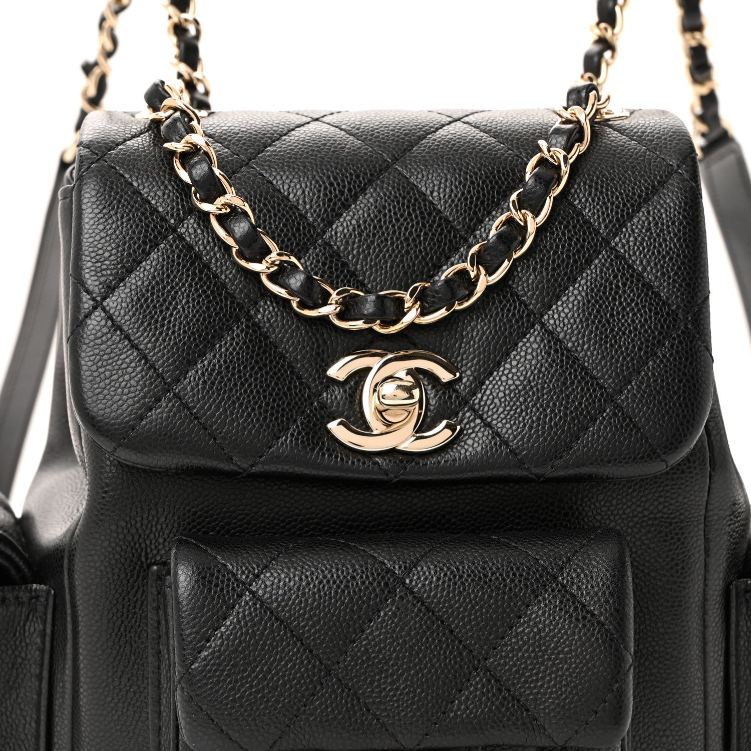 Shiny Caviar Quilted Small Duma Pockets Drawstring Backpack Black