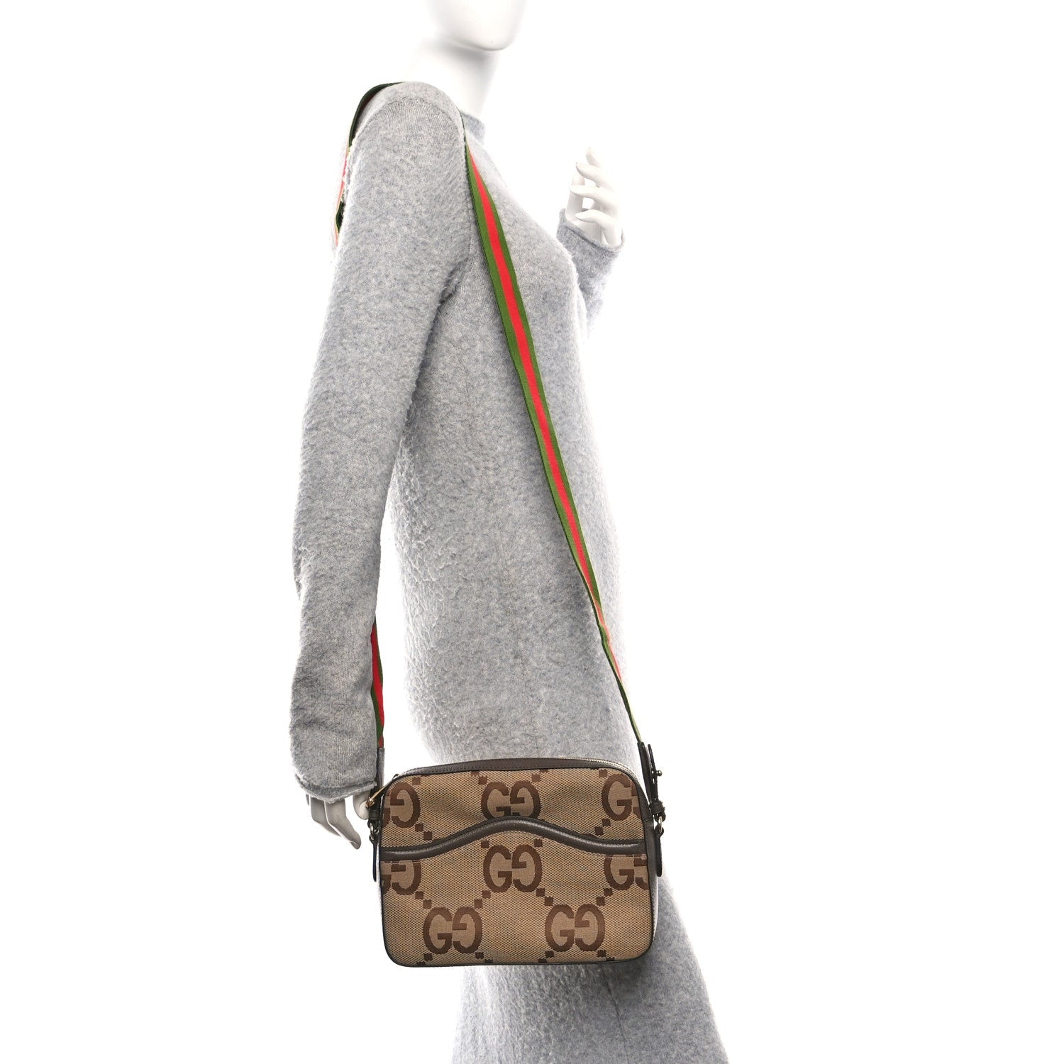 Monogram Jumbo GG Textured Dollar Calfskin Web Messenger Shoulder Bag Camel Ebony New Acero