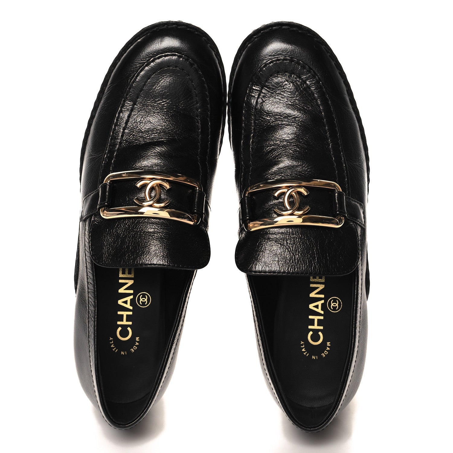 Shiny Calfskin Metal CC Loafers 37 Black