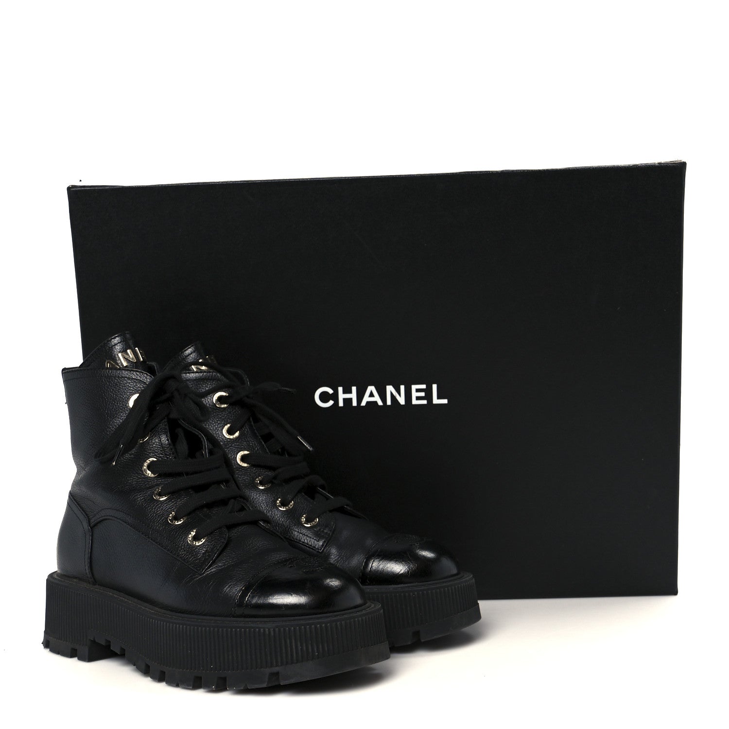 Grained Calfskin Shiny Calfskin CC Lace Up Combat Boots 37.5 Black