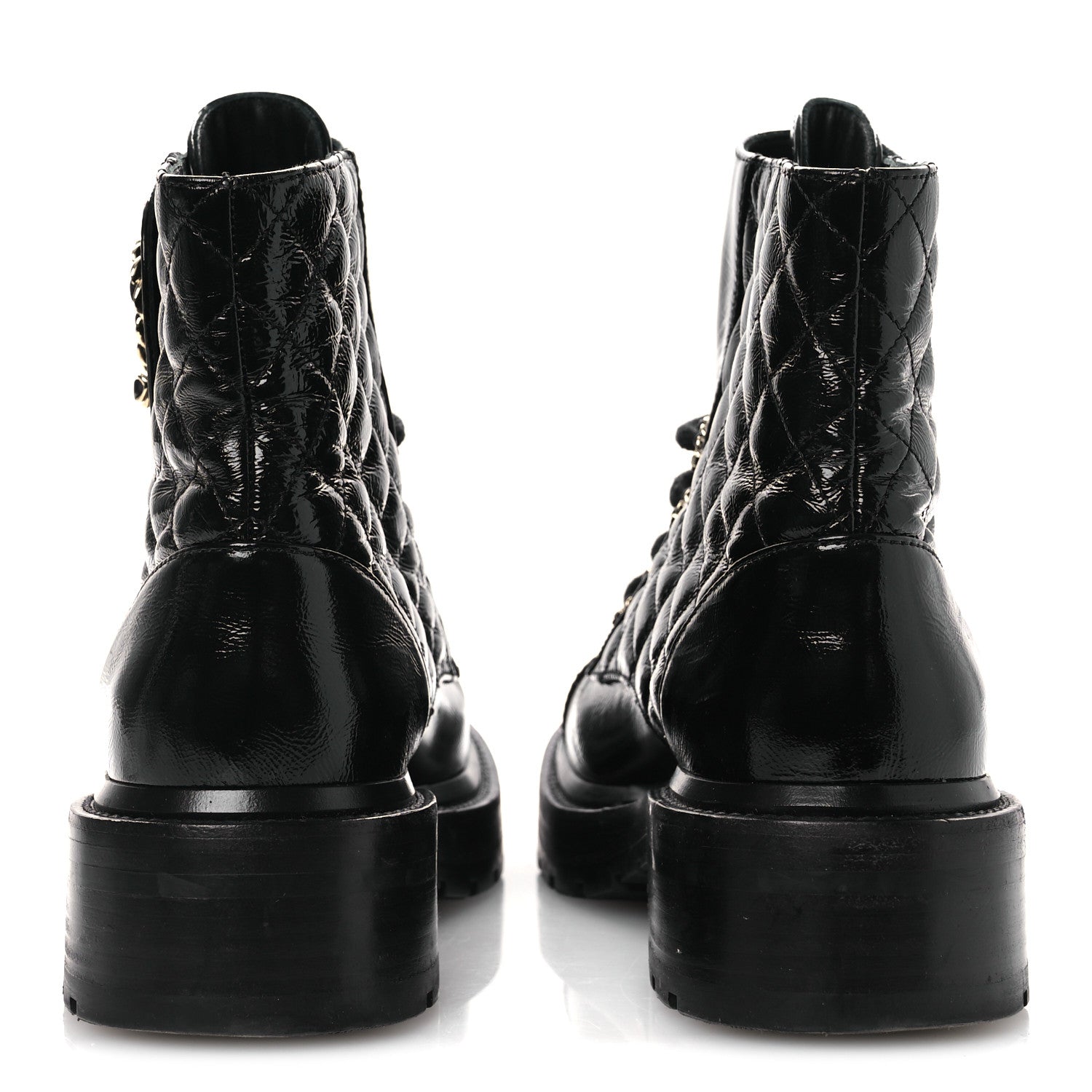 Shiny Calfskin Quilted Lace Up Combat Boots 37 Black