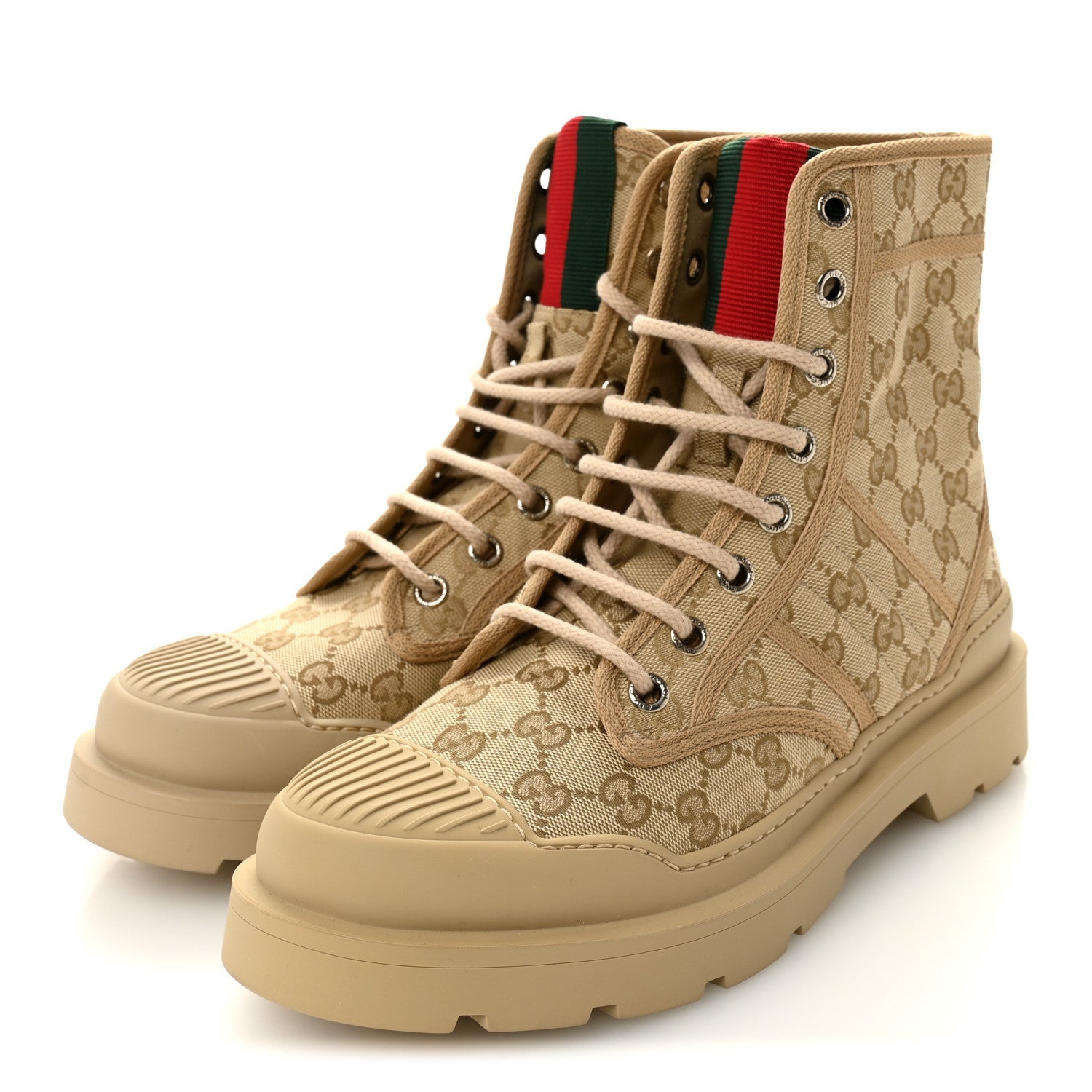GG Monogram Web Mens Lug Sole Ankle Boots 8.5 New Sand