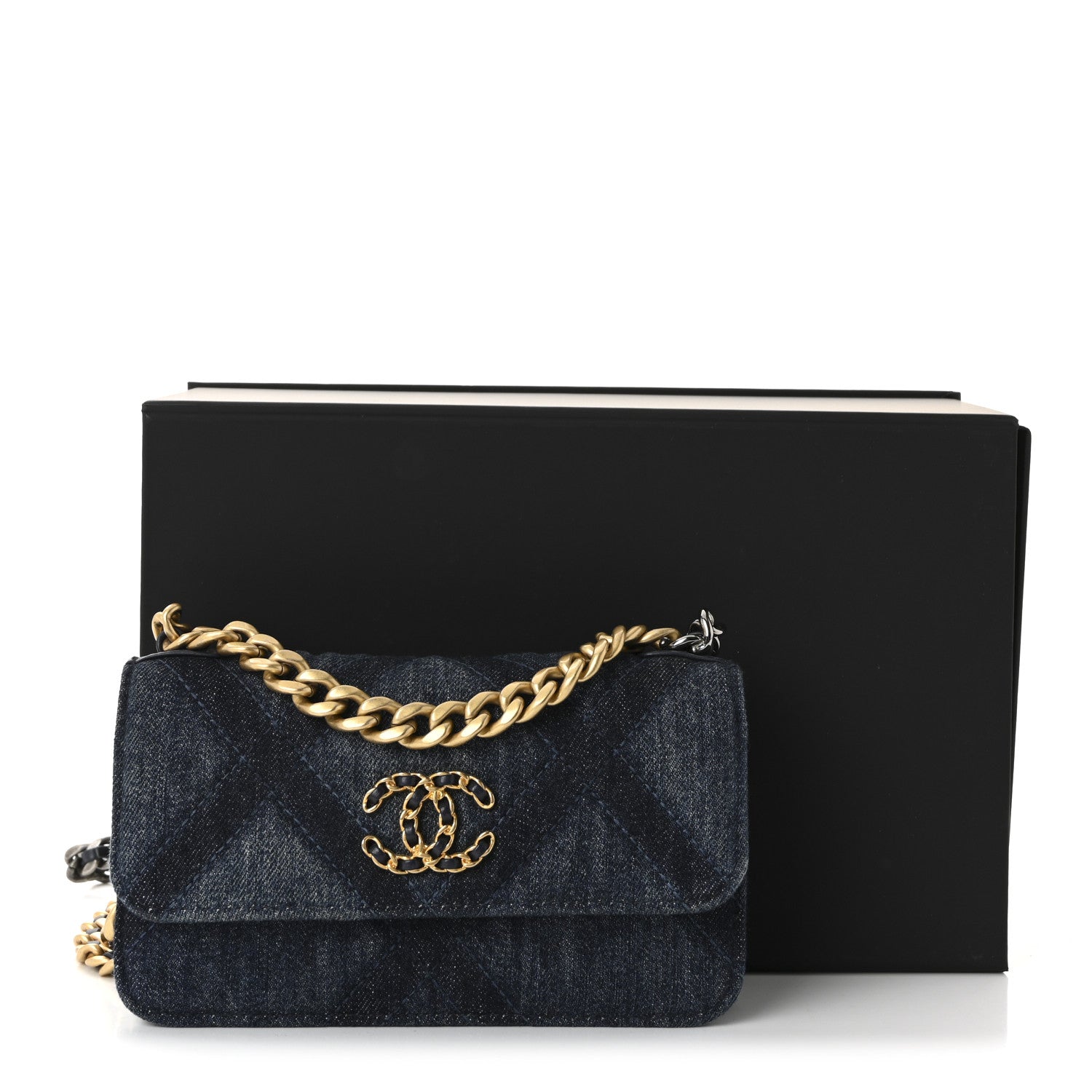 Denim Quilted Chanel 19 Flap Phone Holder With Chain Blue