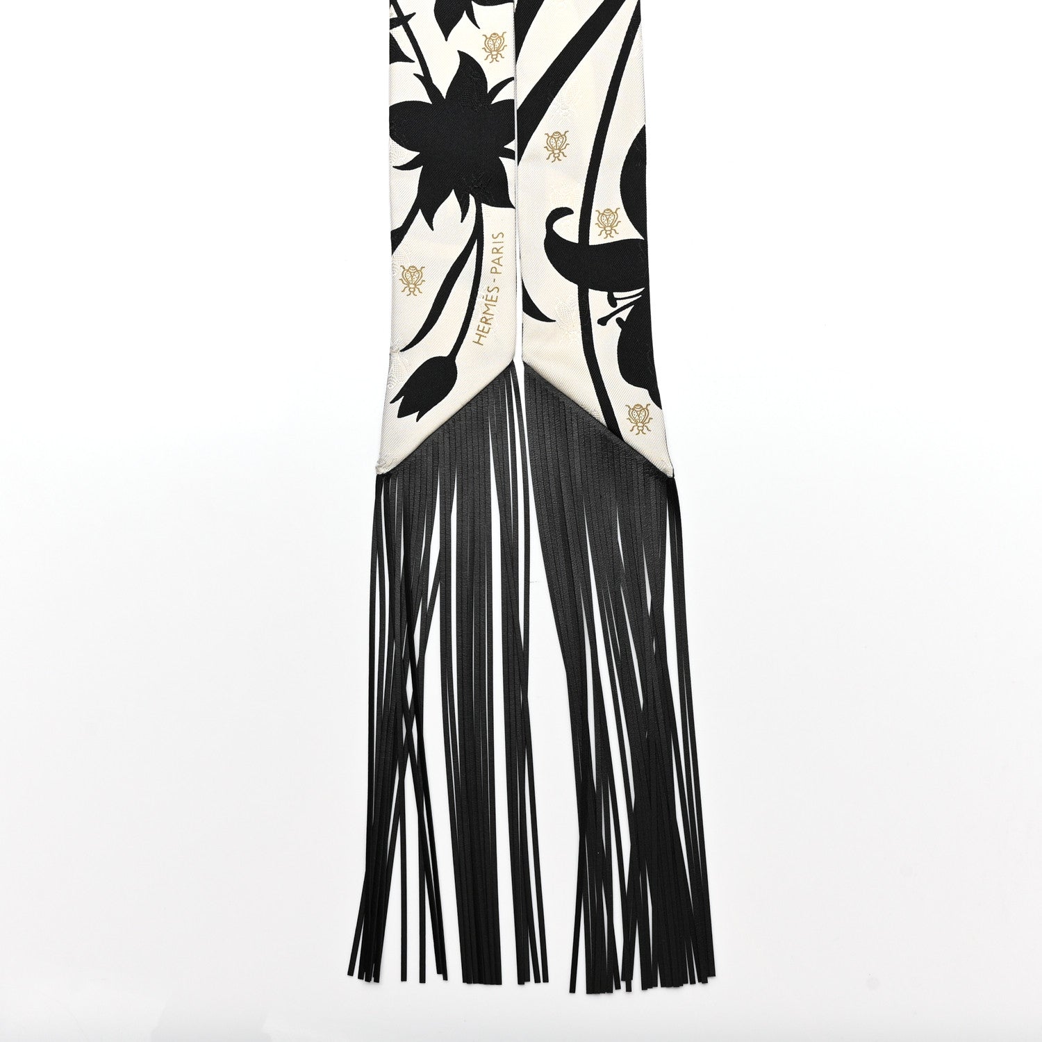 Silk Calfskin Bouquet Final Fringed Twilly Creme Black
