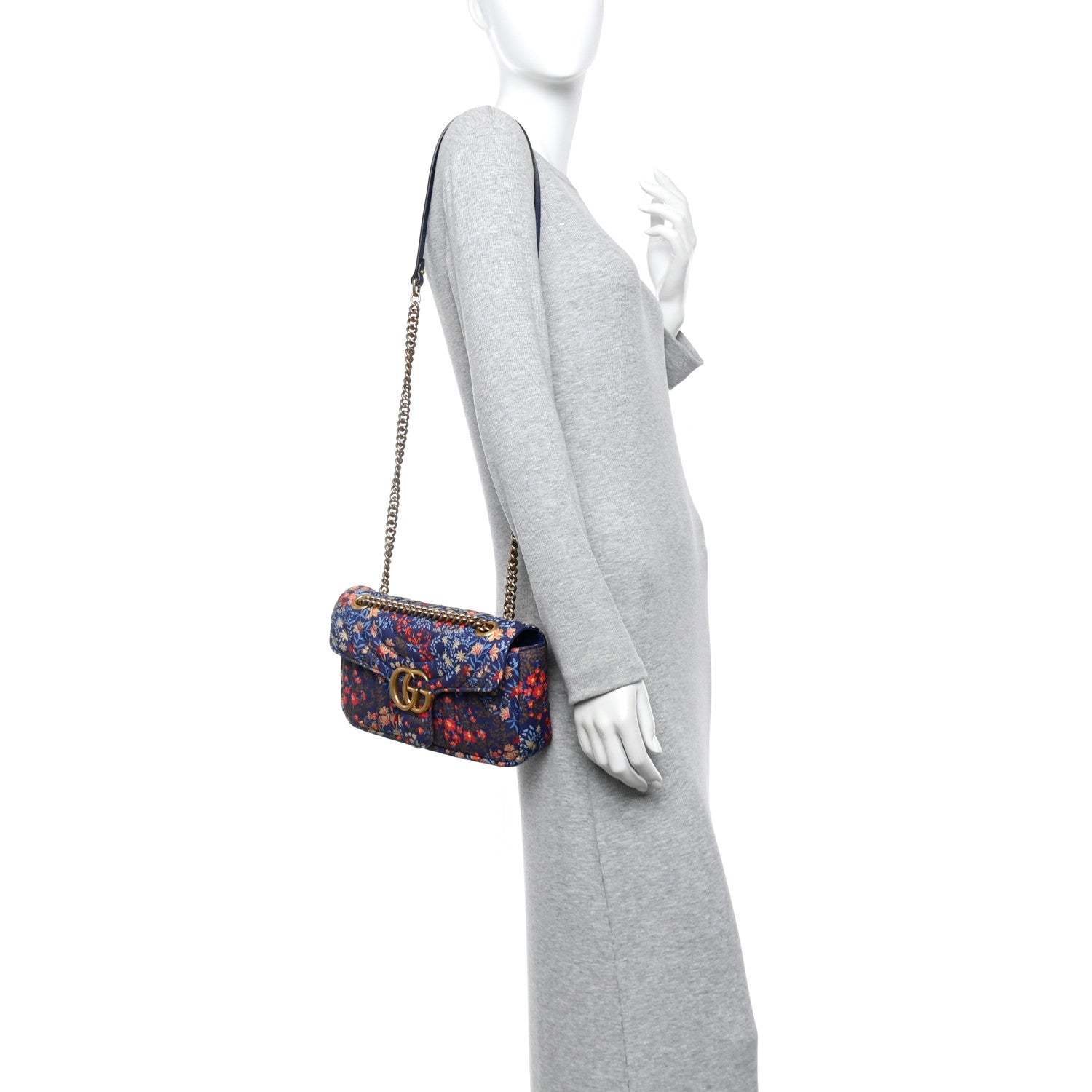 Cotton Calfskin Matelasse Floral Print Small GG Marmont Shoulder Bag Blue Red Deep Ocean Blue